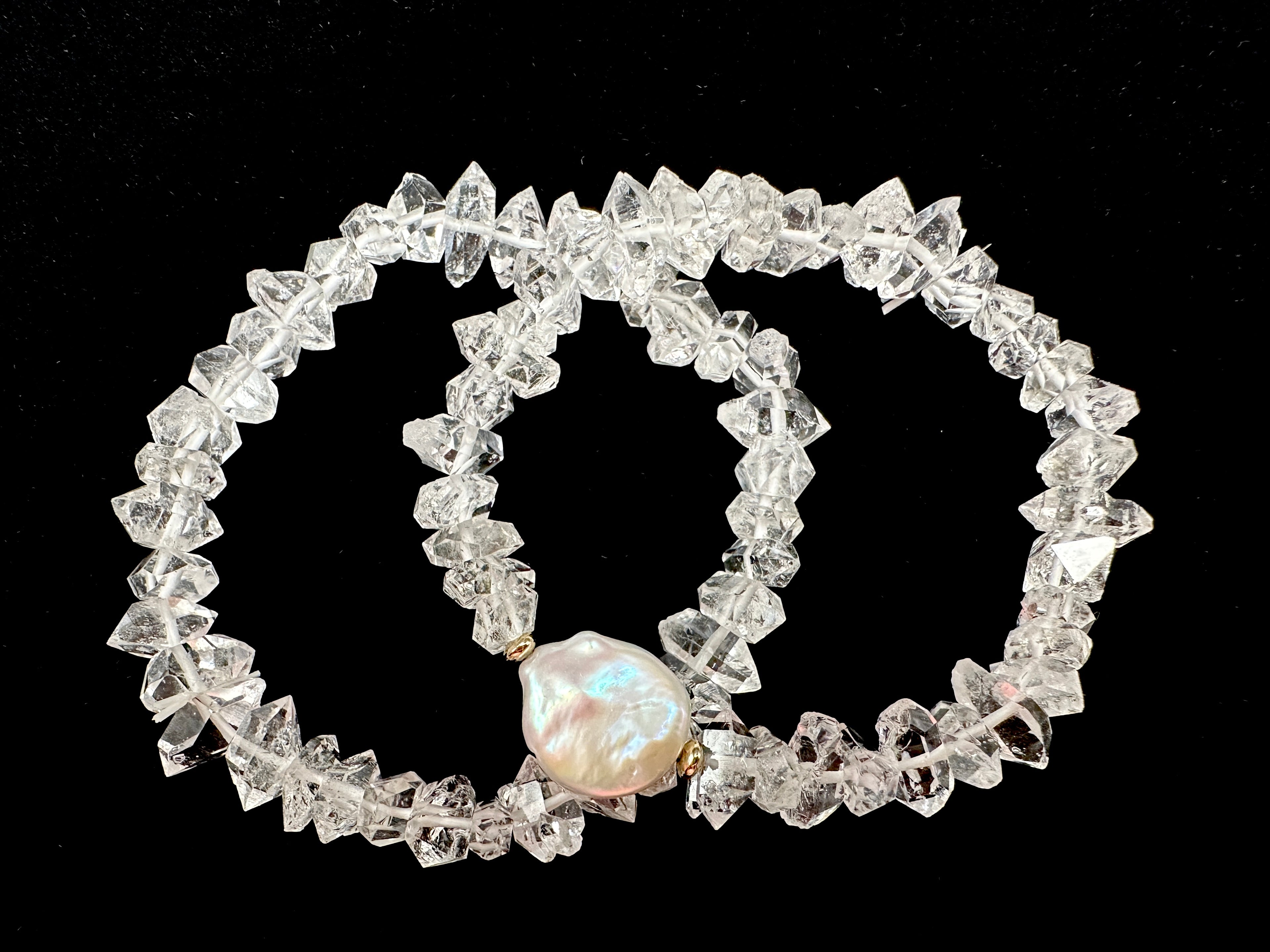 Raw Herkimer Diamond Stretch Bracelet with Optional Freshwater Coin Pearl and 14K Gold Filled Accents