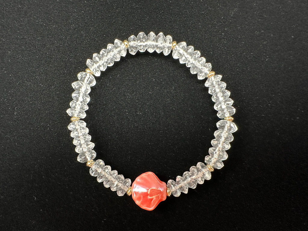 Clear Crystal Quartz Stretch Bracelet with a Peach Glazed Ceramic Scallop Shell and 14K Gold Filled Accents