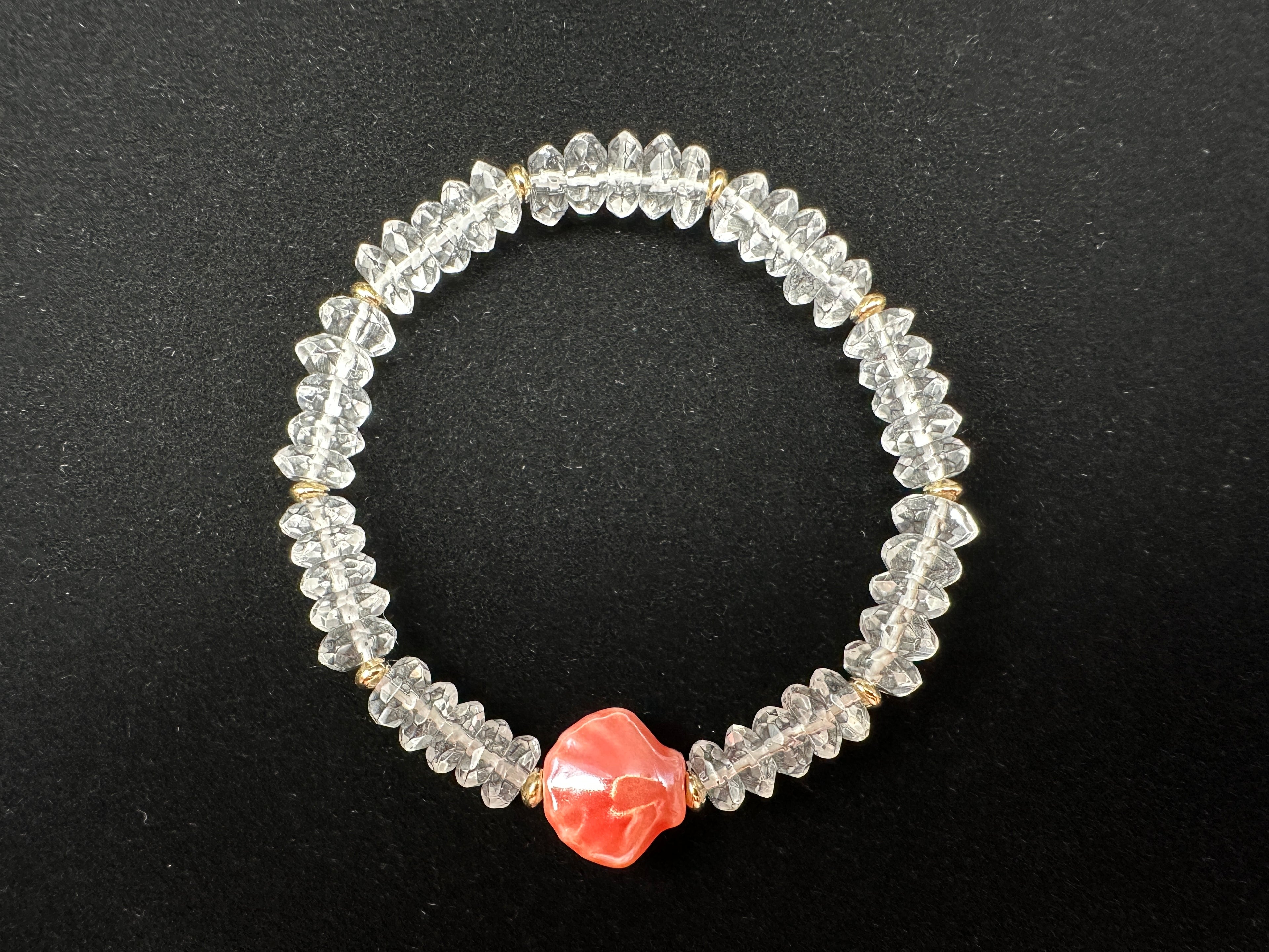 Clear Crystal Quartz Stretch Bracelet with a Peach Glazed Ceramic Scallop Shell and 14K Gold Filled Accents