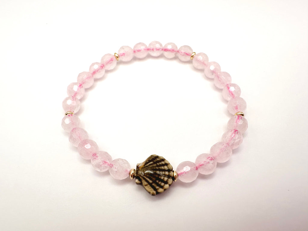 Rose Quartz Stretch Bracelet with a Glazed Ceramic Scallop Shell and 14K Gold Filled Accents