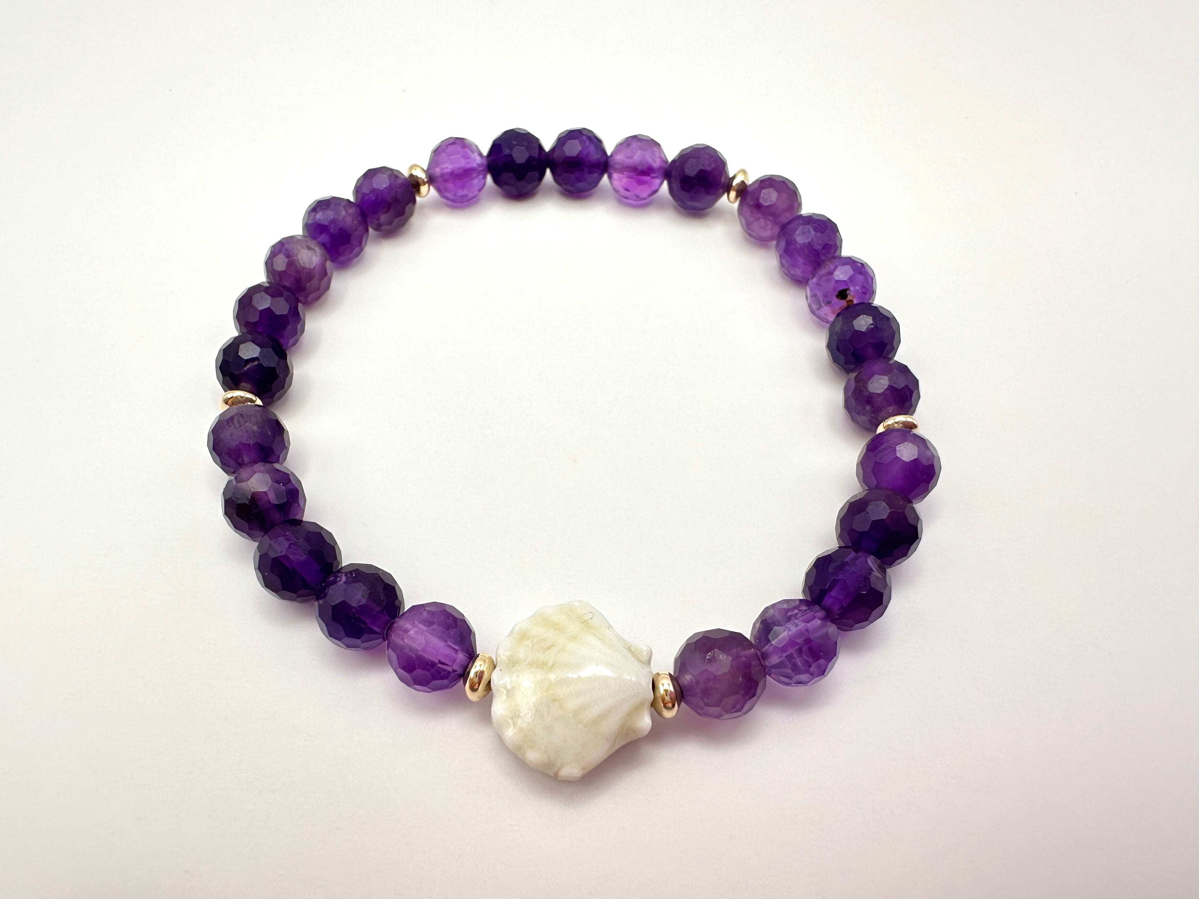 Purple Amethyst Stretch Bracelet with a Glazed Ceramic Scallop Shell and 14K Gold Filled Accents