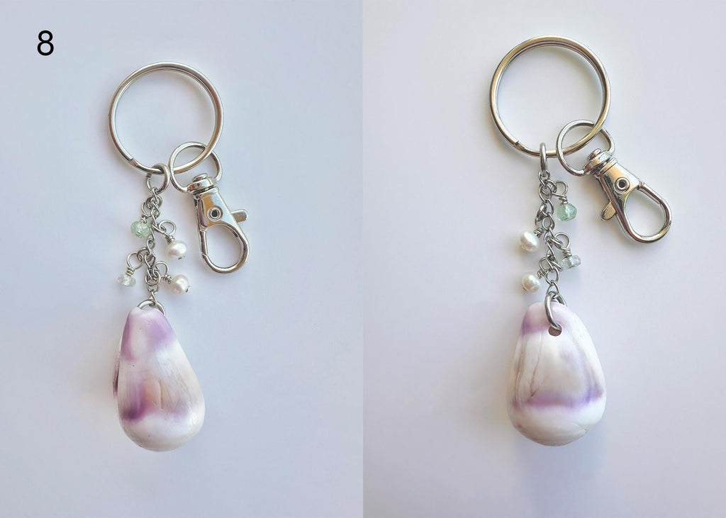 Hawaiian Cone or Cowrie Shell Keychain with Freshwater Pearls and Aquamarine