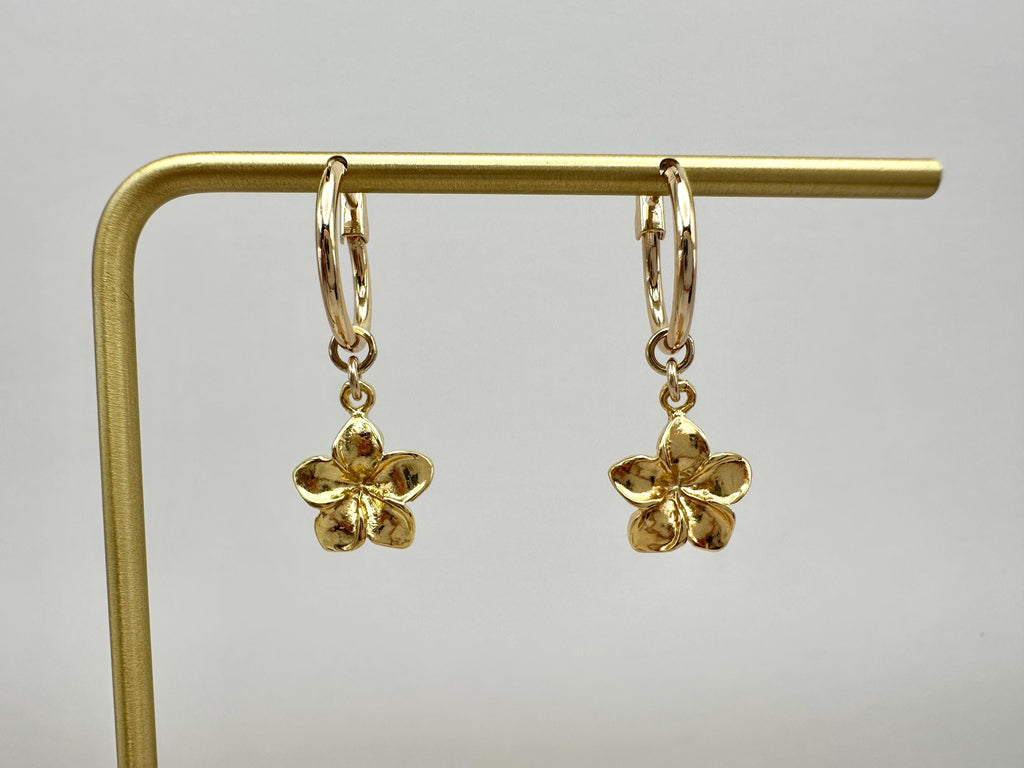 Plumeria Flower Hawaiian Frangipani Charm 18K Gold Filled Hoop Earrings