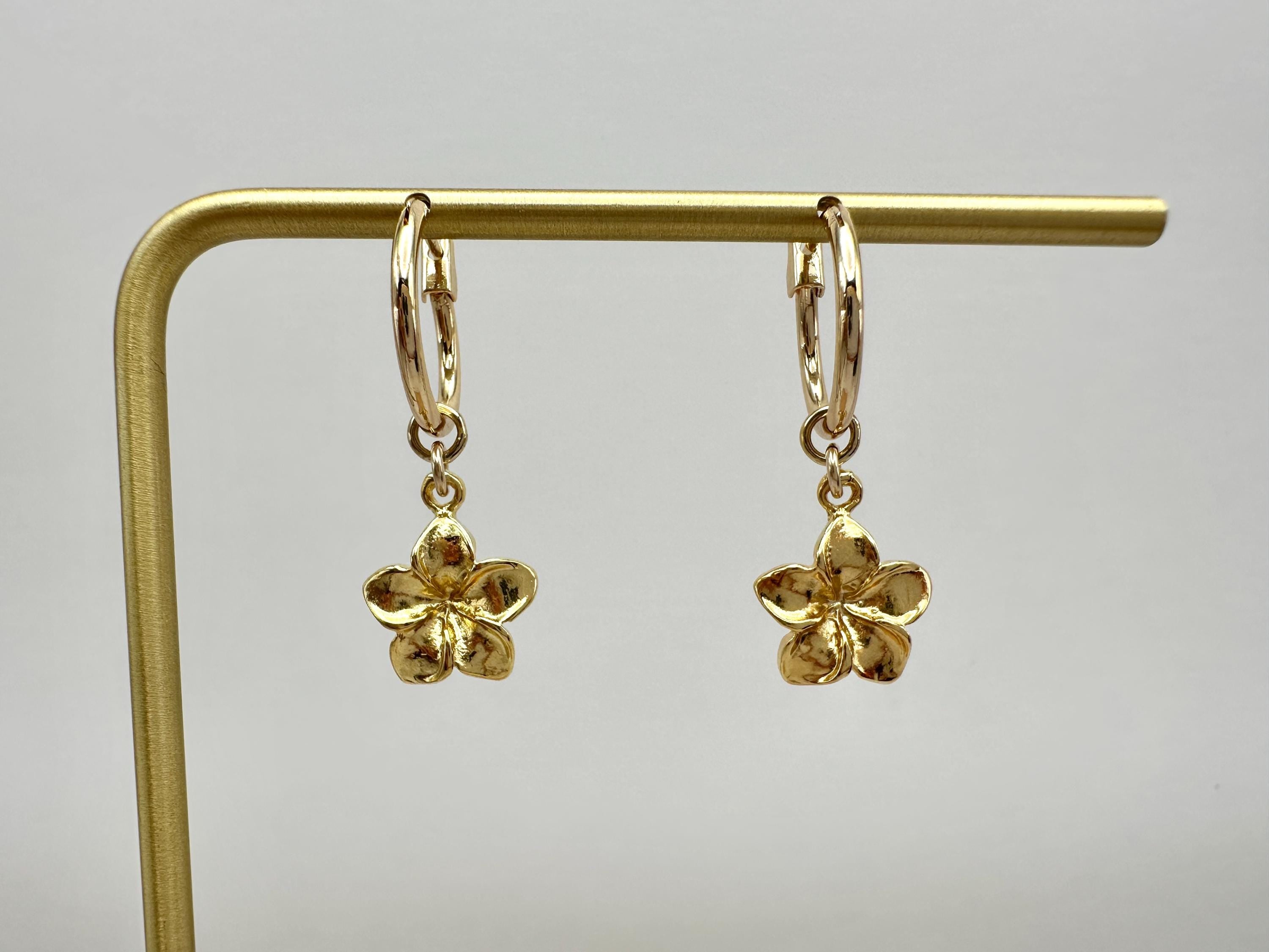 Plumeria Flower Hawaiian Frangipani Charm 18K Gold Filled Hoop Earrings
