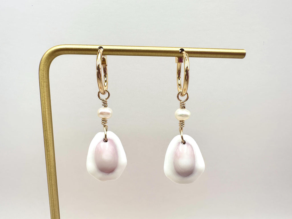 Purple and White Money Cowrie Shell 18K Gold Filled Hoop Earrings with Mini Freshwater Pearls