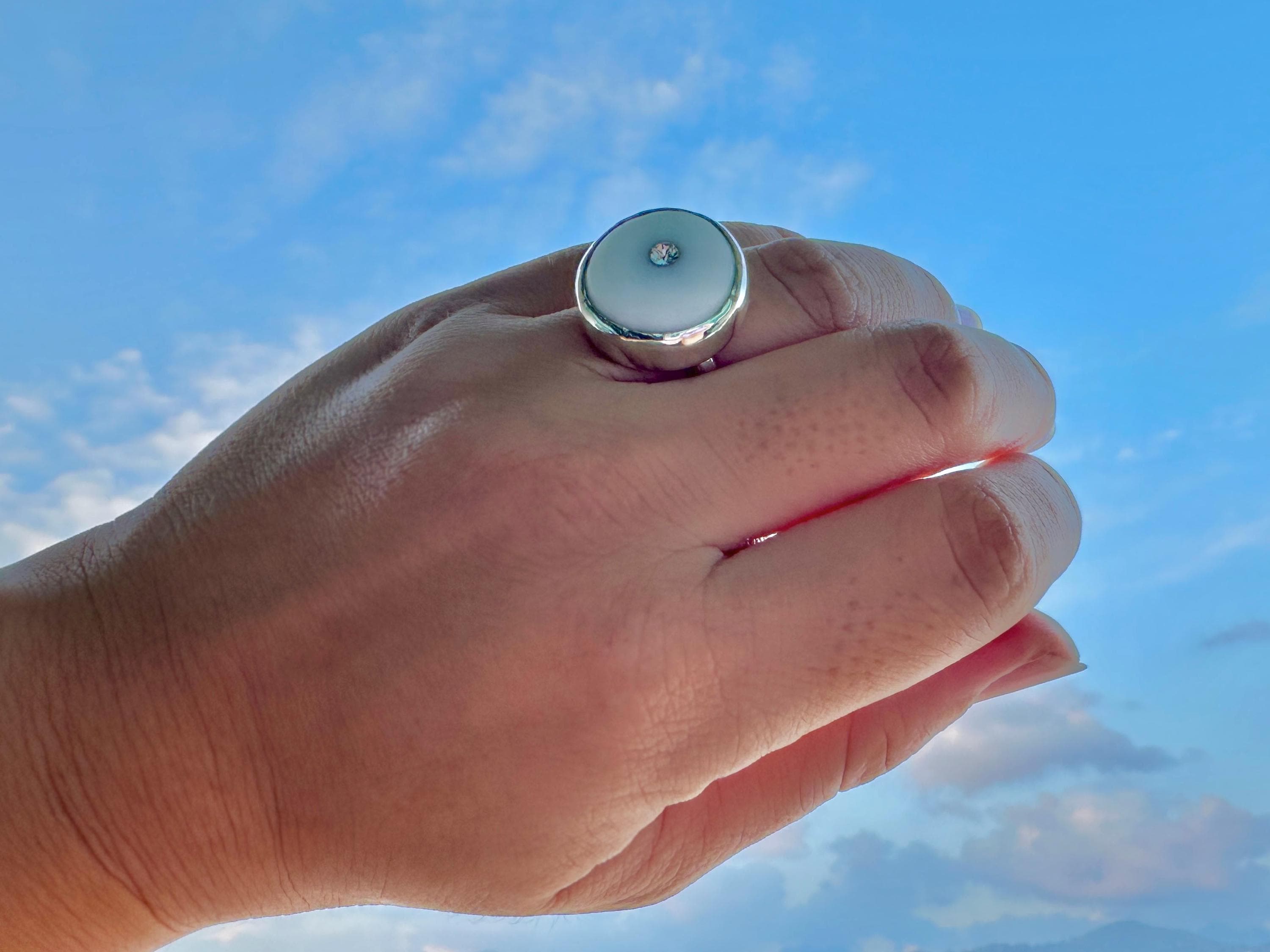 Hawaiian Puka Shell with Swarovski Crystal Sterling Silver Bezel Set Ring