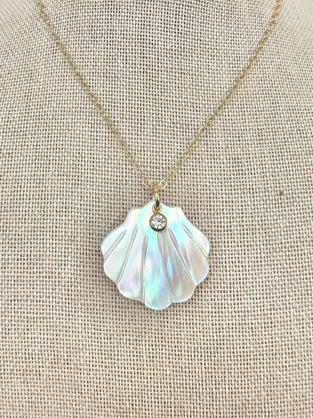 Mother of Pearl Scallop Shell with Sparkling Cubic Zirconia Charm Necklace on 14K Gold Filled Chain