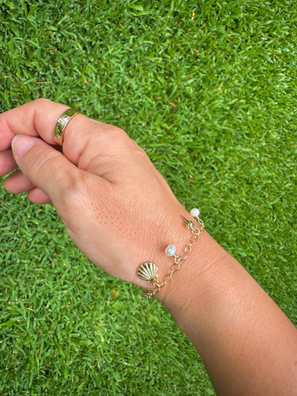 Ocean Inspired Charms and Freshwater Pearl Bracelet on 14K Gold Filled Chain