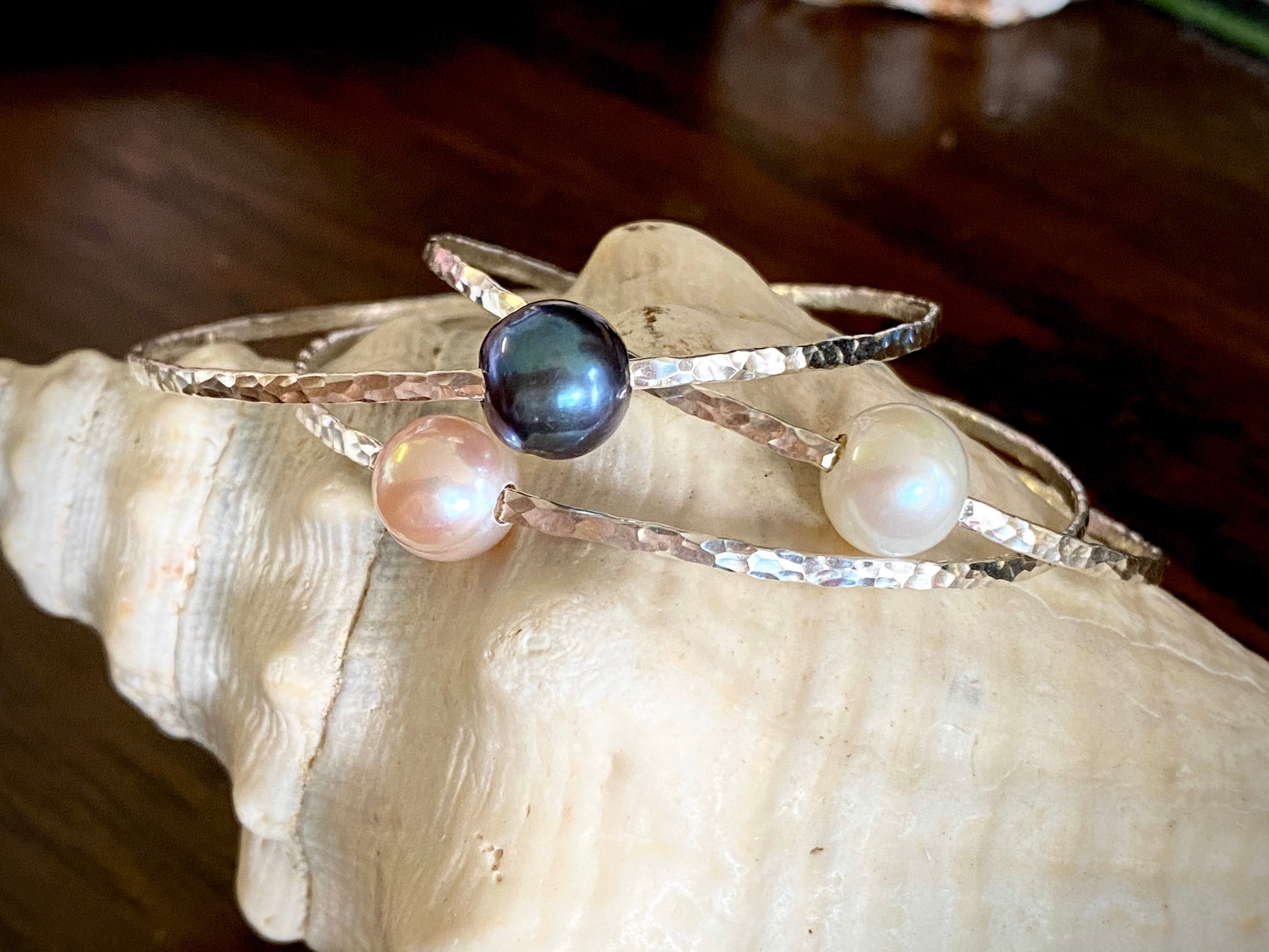Hammered Bangle with a Single Freshwater Pearl