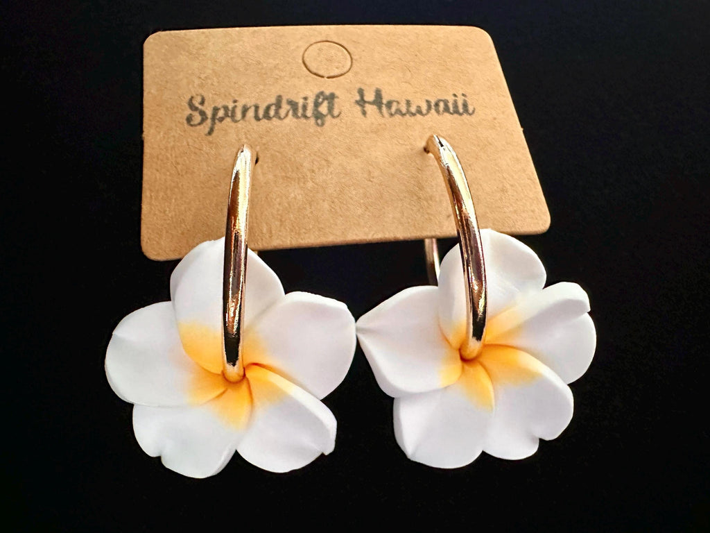 Gold Hoop Plumeria Earrings Hawaiian Frangipani Polymer Clay Flowers