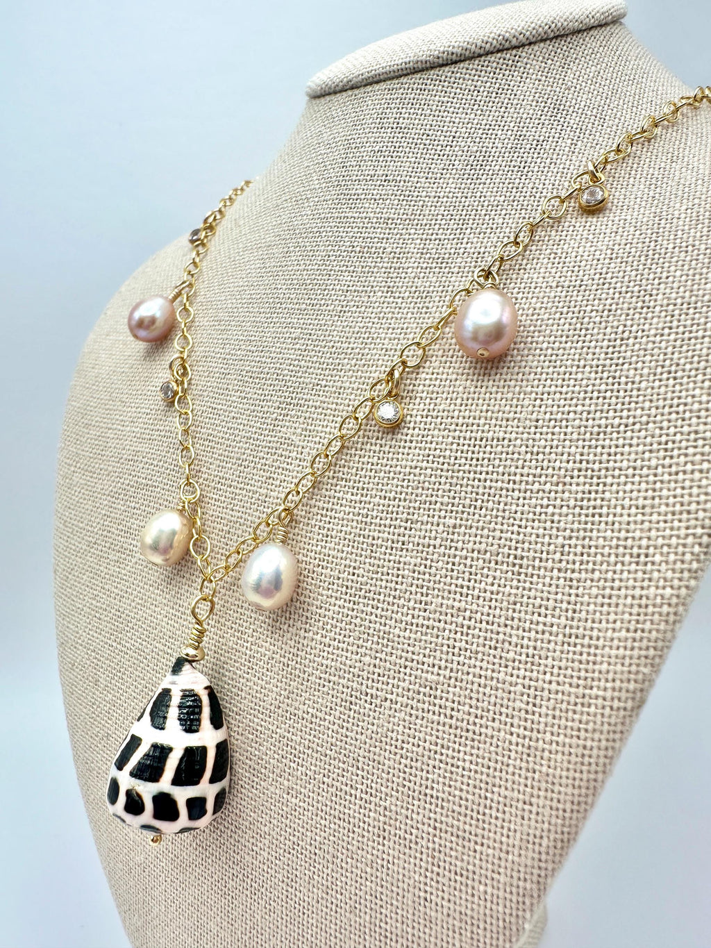 Hebrew Cone Shell, Freshwater Pearl and Sparkling Cubic Zirconia Charm Necklace on 14K Gold Filled Chain