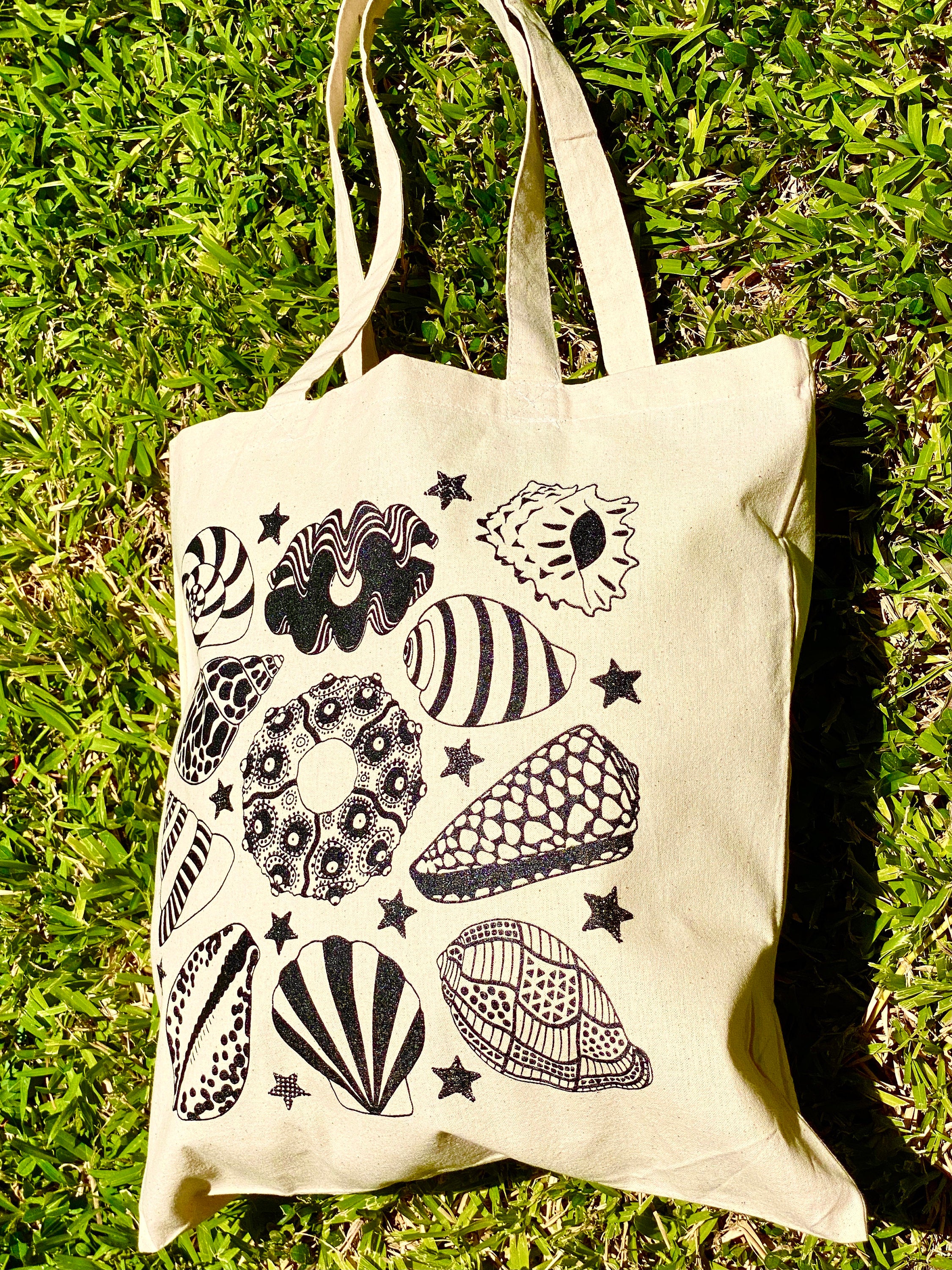 Sea Shell Screen Print Cotton Canvas Tote Bag Reusable Washable Lightweight