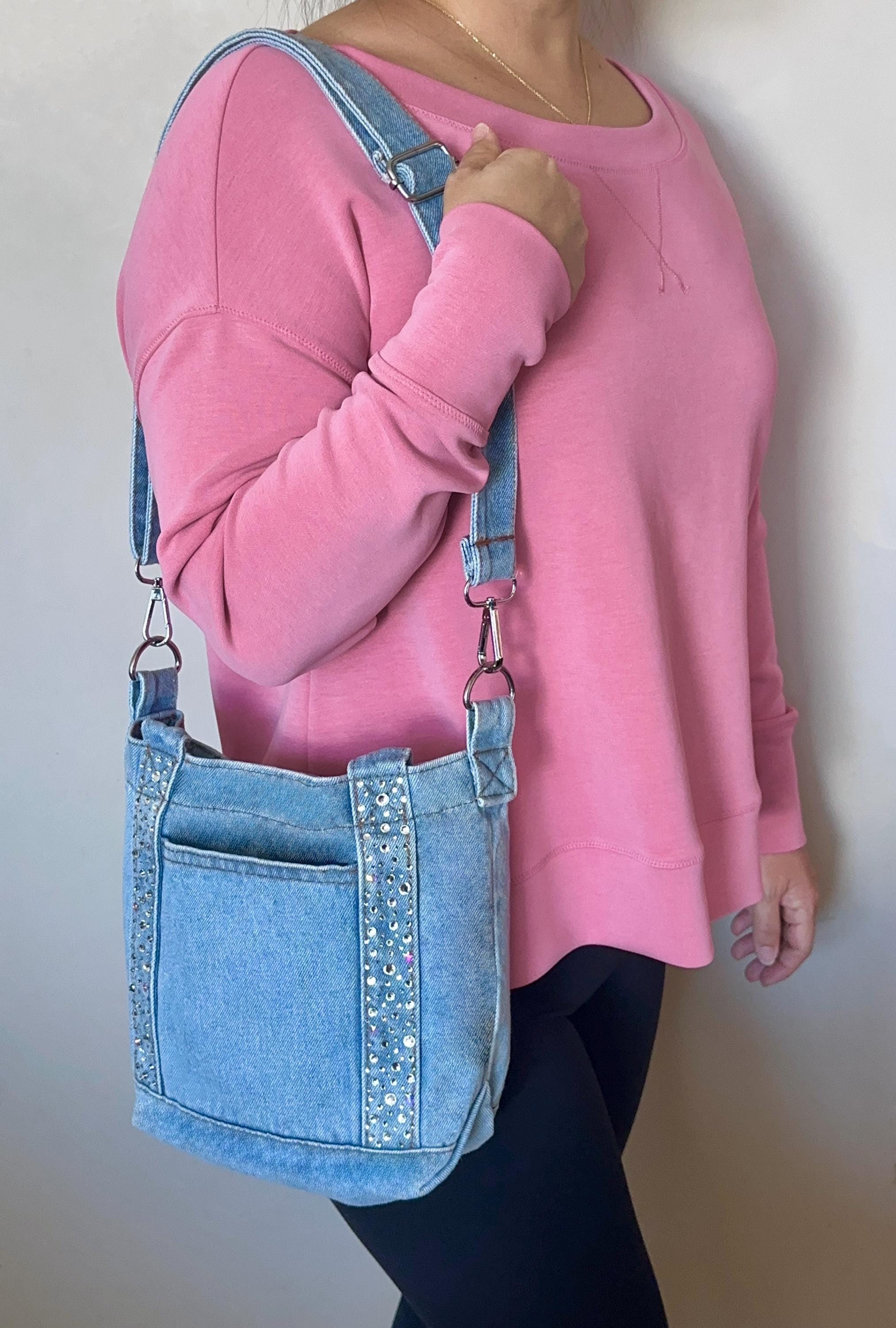 Sparkling Rhinestone Encrusted Blue Jean Crossbody Tote