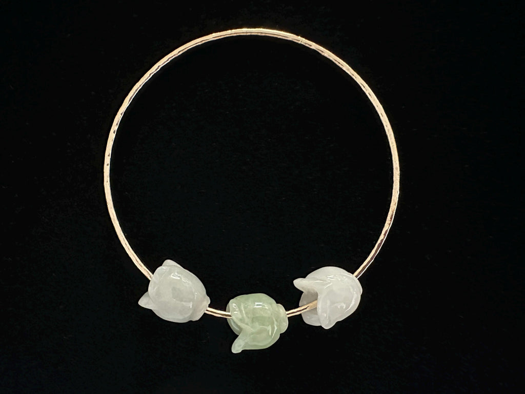 Triple Jade Flower Hammered Bangle with Type A Natural Untreated Burmese Jadeite
