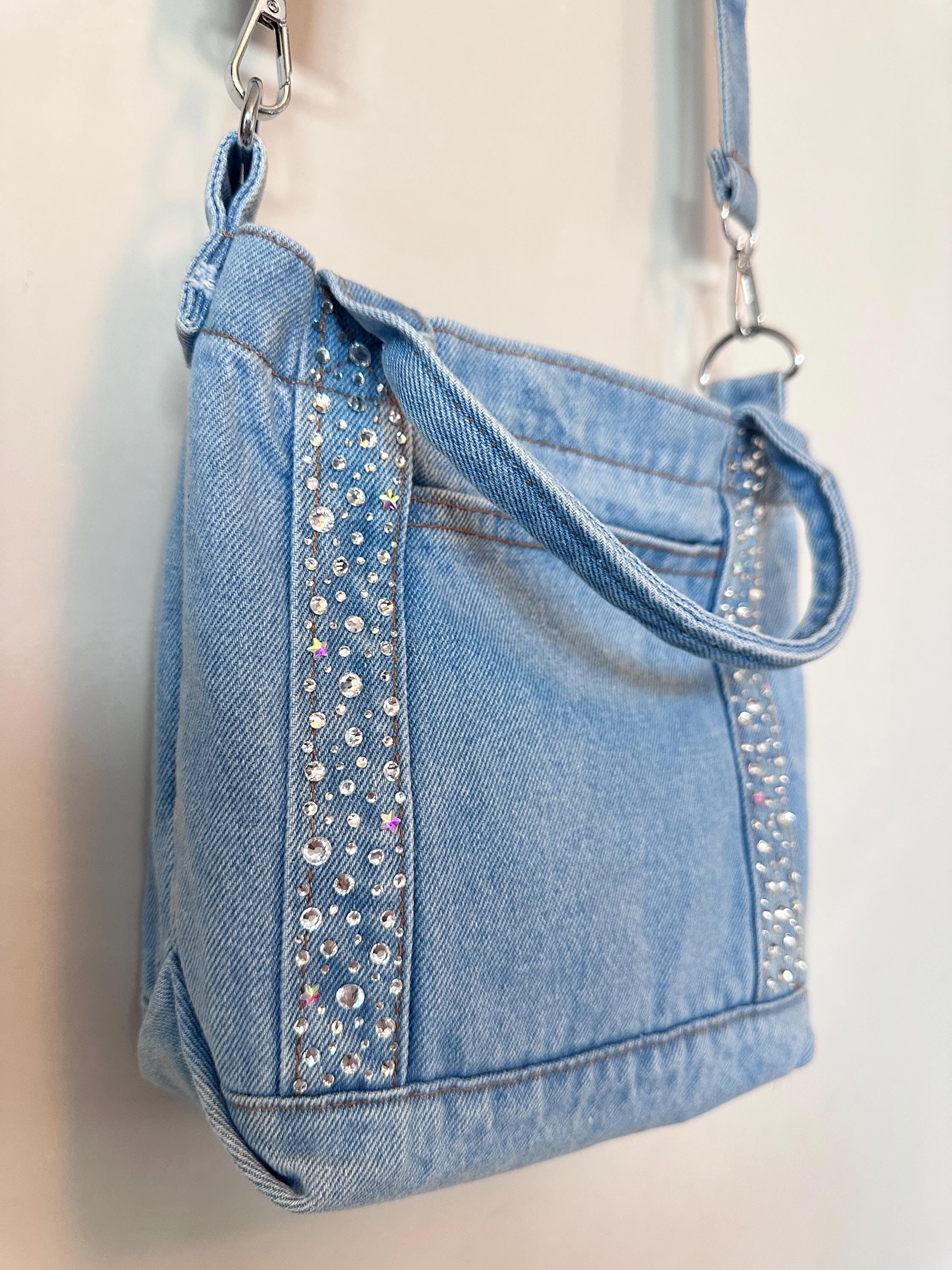 Sparkling Rhinestone Encrusted Blue Jean Crossbody Tote