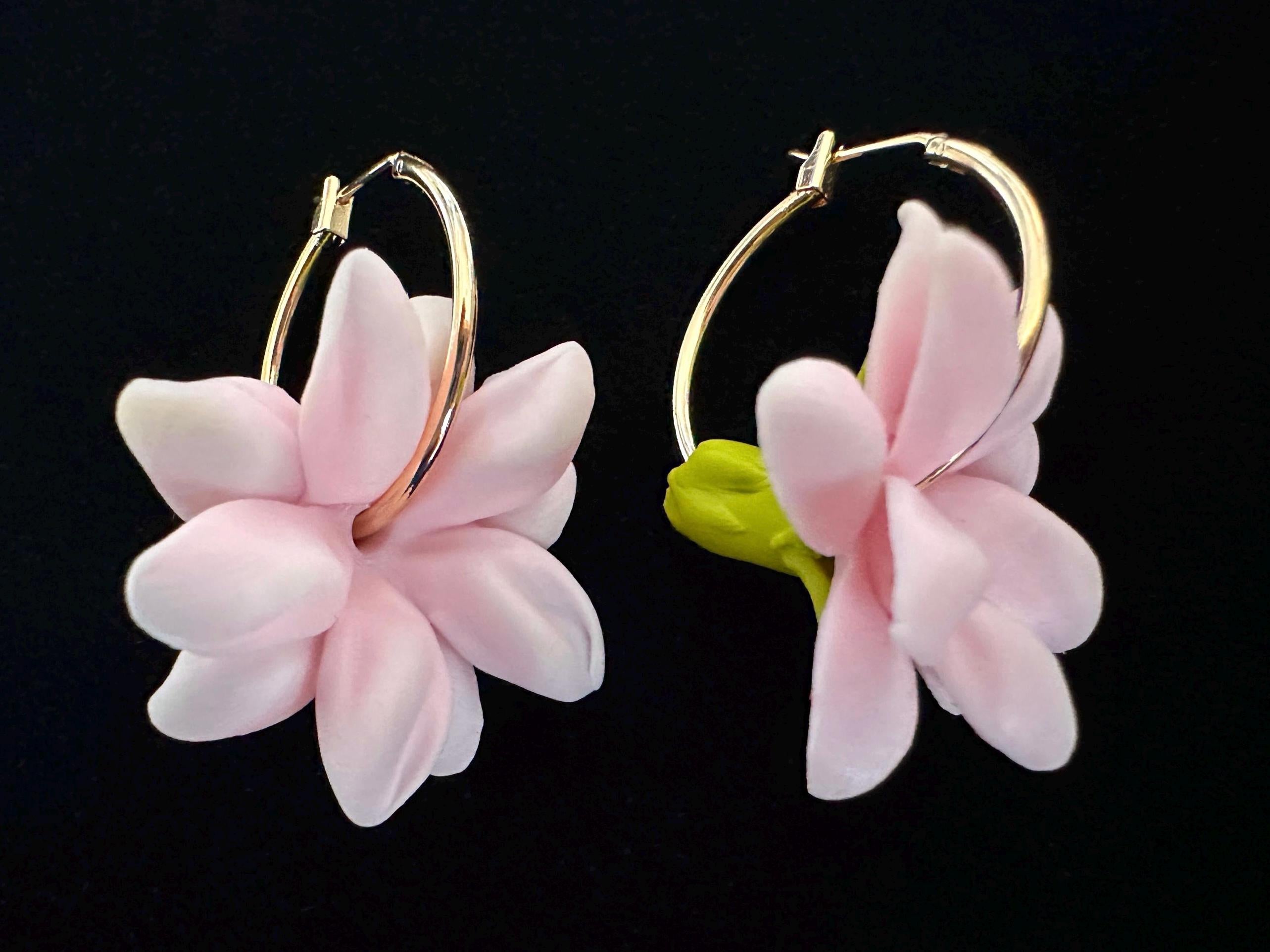 Pink Pikake 18K Gold Filled Hoop Earrings Hawaiian Jasmine Clay Flowers
