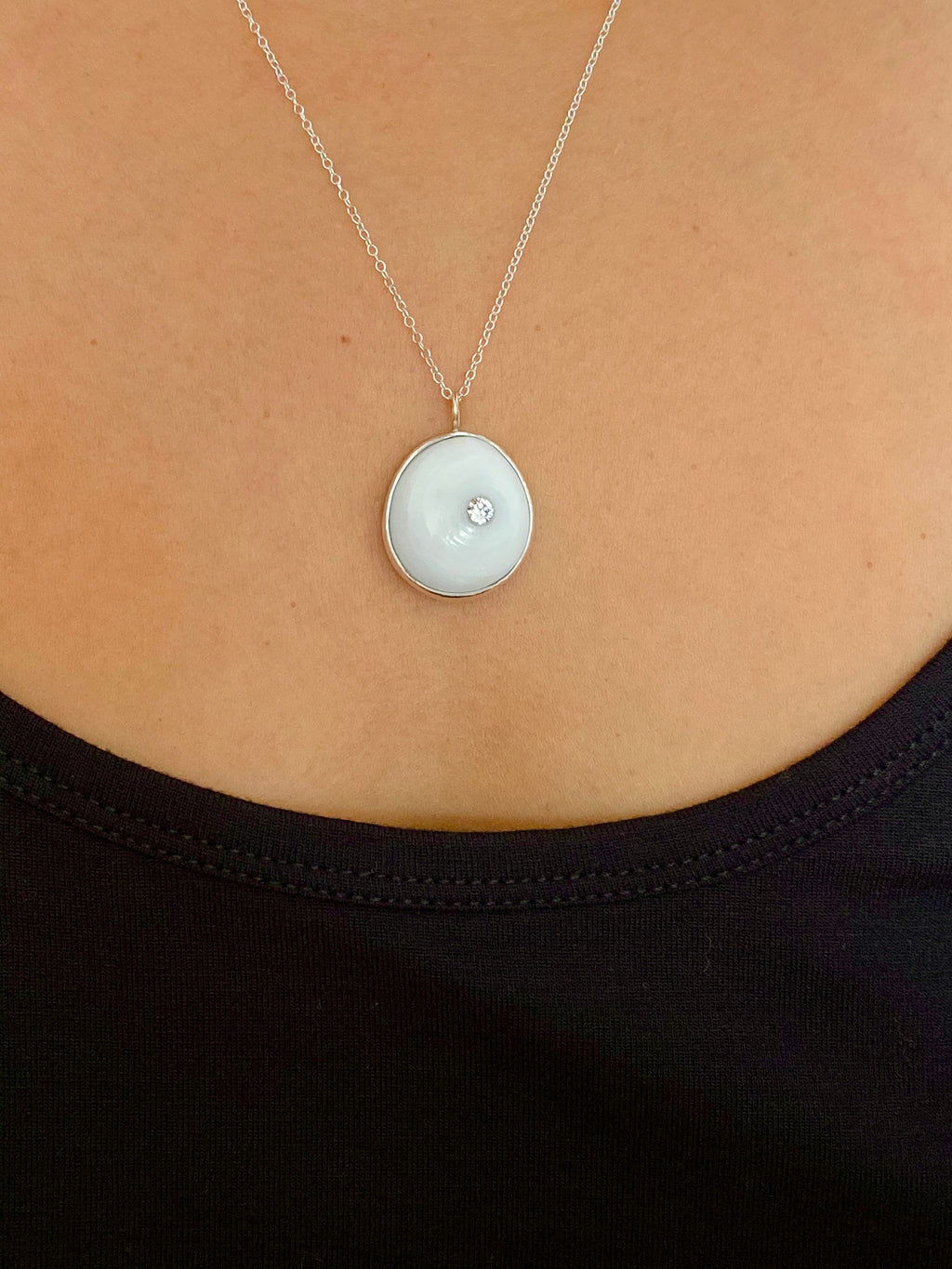 Hawaiian Puka Shell Bezel Set with Swarovski Crystal Necklace in Sterling Silver