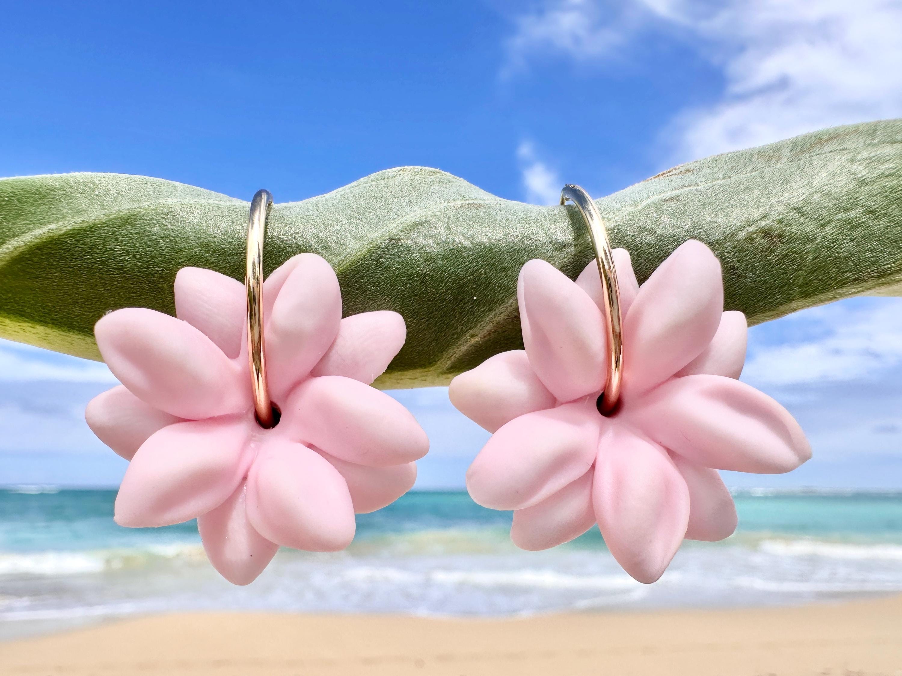 Pink Pikake 18K Gold Filled Hoop Earrings Hawaiian Jasmine Clay Flowers