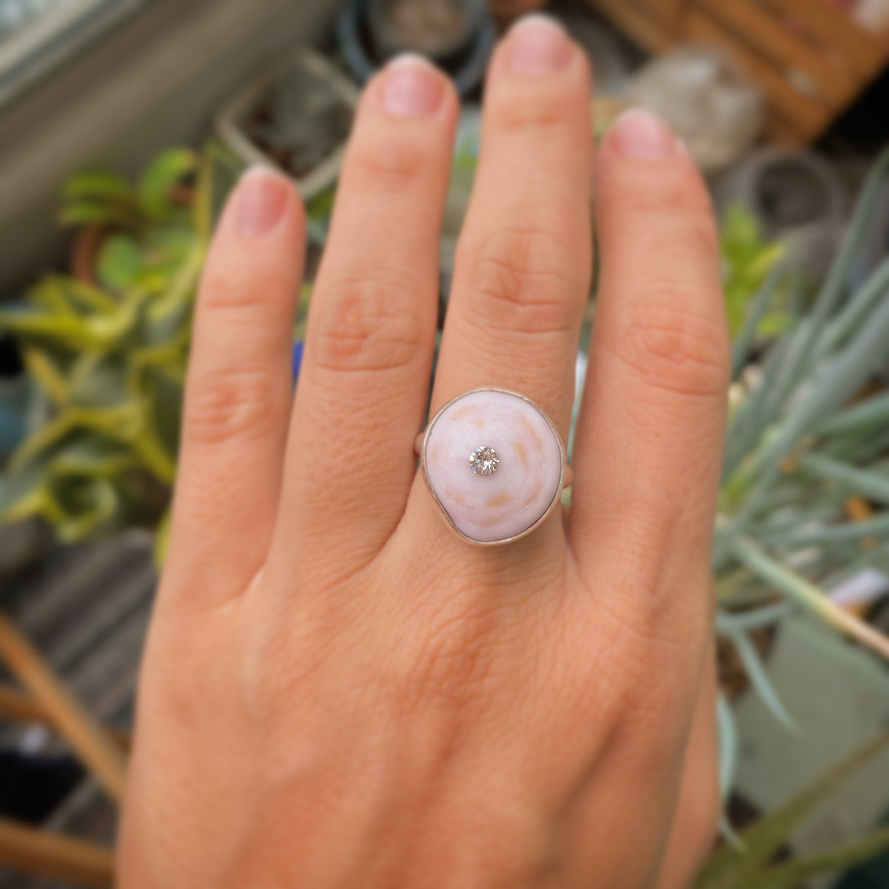 Hawaiian Puka Shell with Swarovski Crystal Sterling Silver Bezel Set Ring