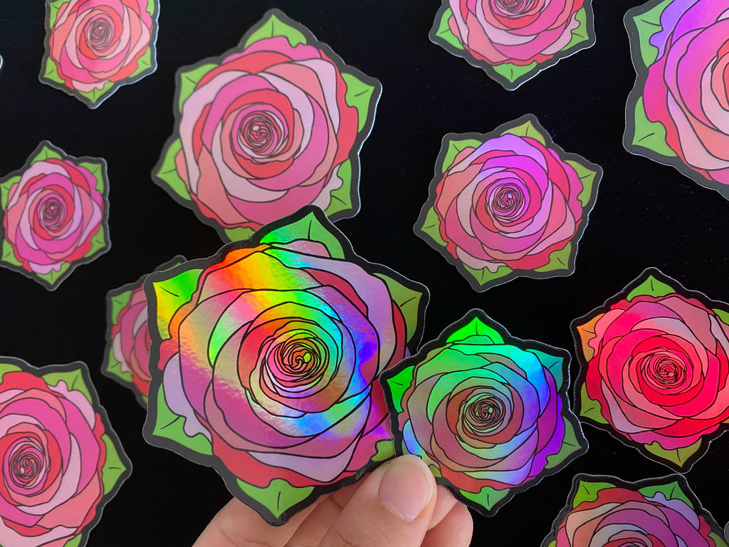 Holographic Pink Rose Vinyl Die Cut Sticker