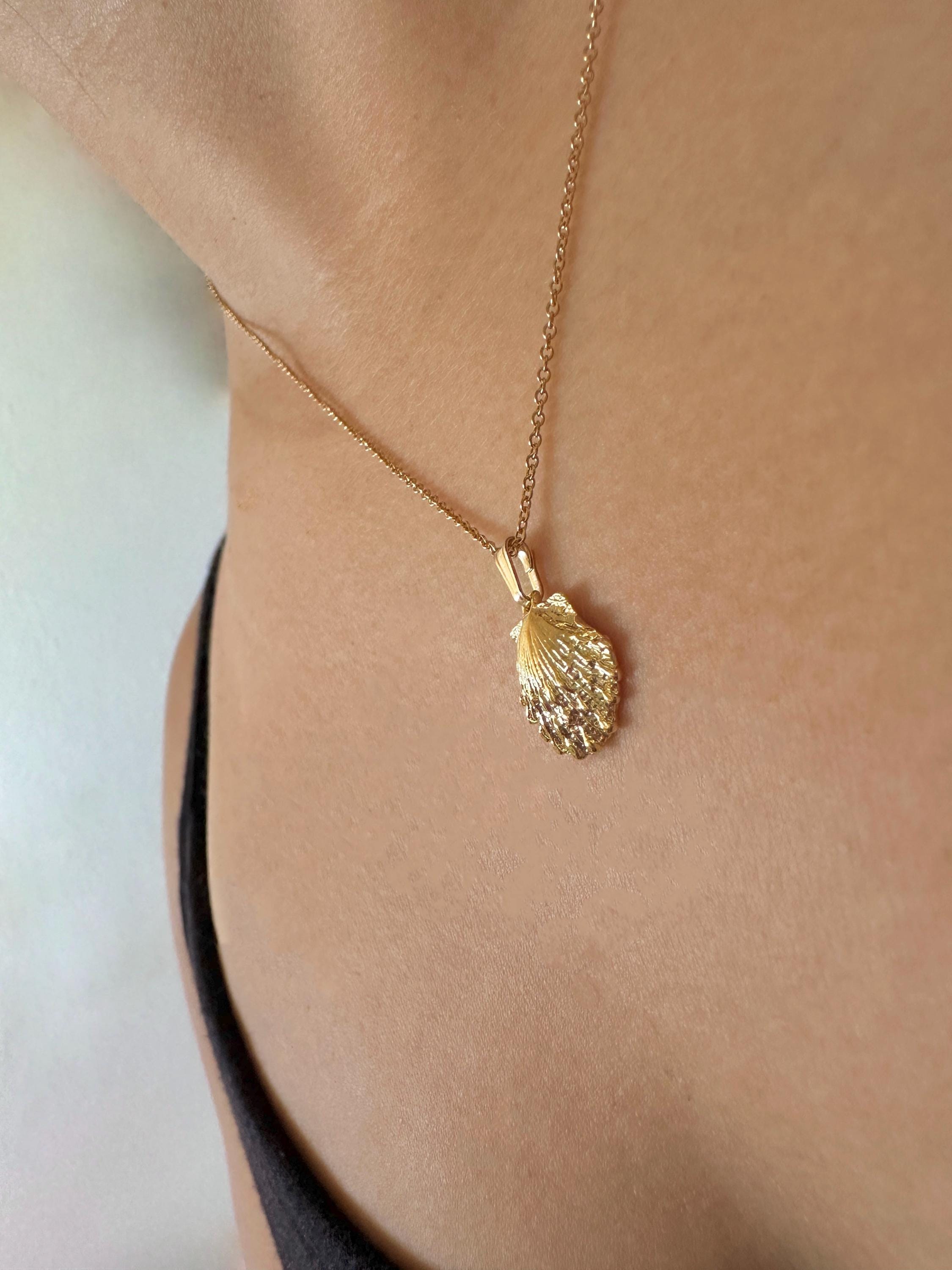 Medium Sunrise Scallop Shell Charm Necklace on 14K Gold Filled Chain
