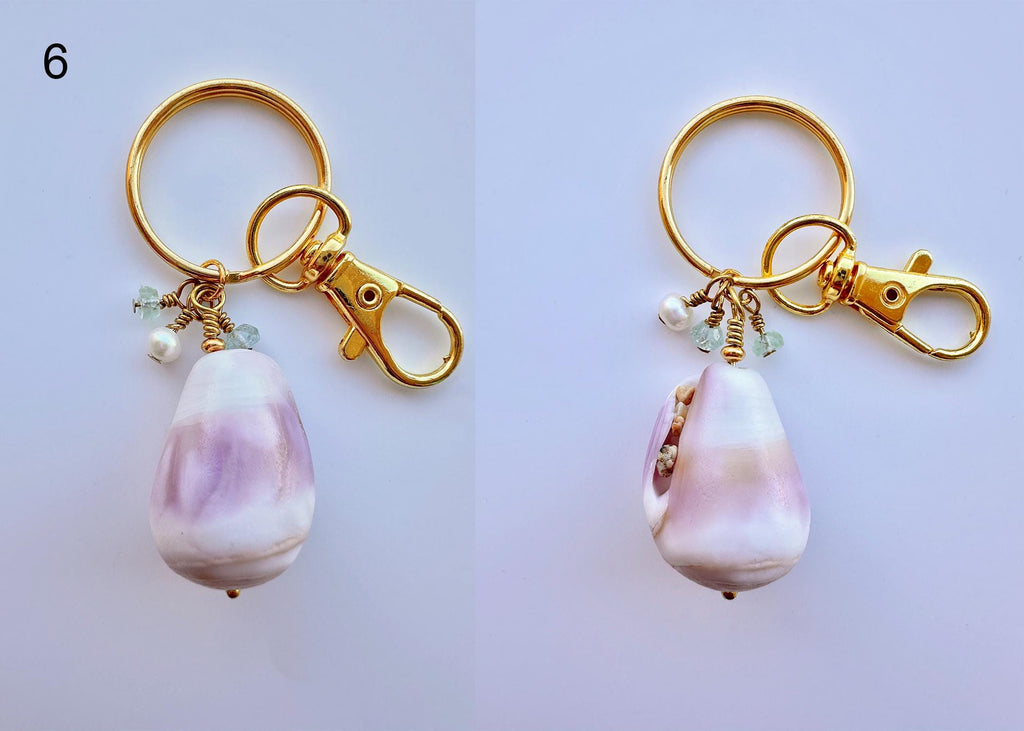 Hawaiian Cone or Cowrie Shell Keychain with Freshwater Pearls and Aquamarine