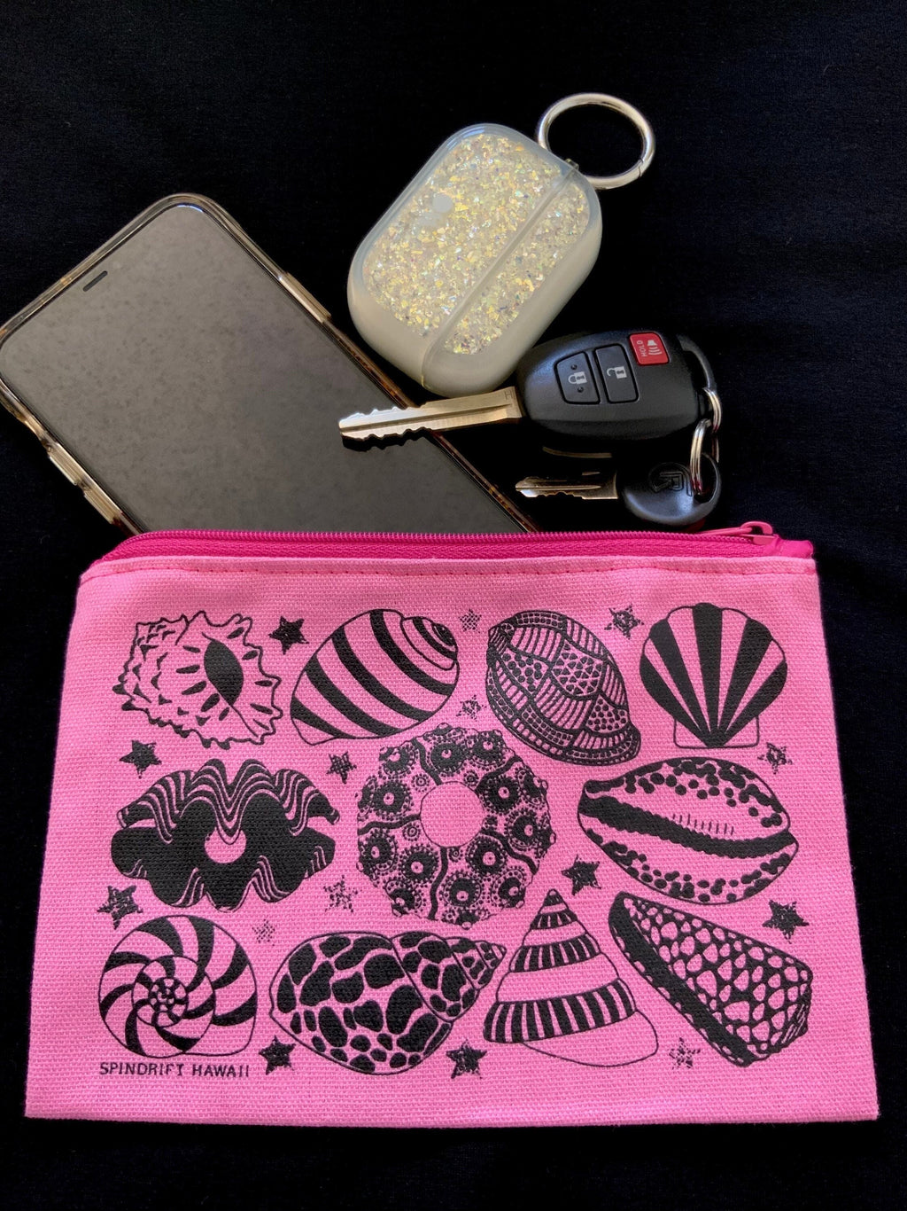 Pink Canvas Sea Shell Screen Print Zip Pouch