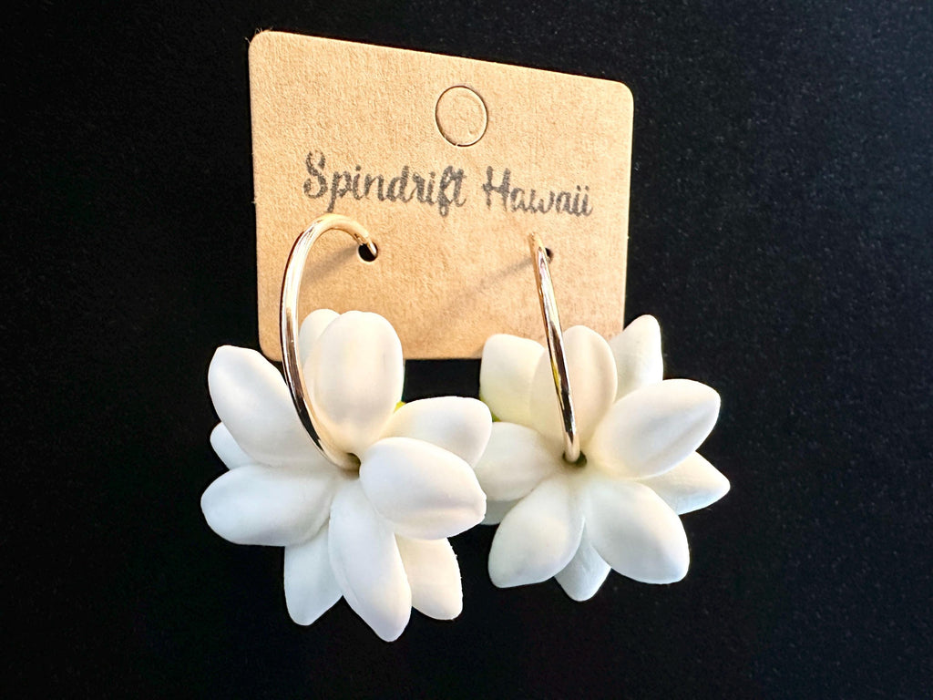 White Pikake 18K Gold Filled Hoop Earrings Hawaiian Jasmine Clay Flowers
