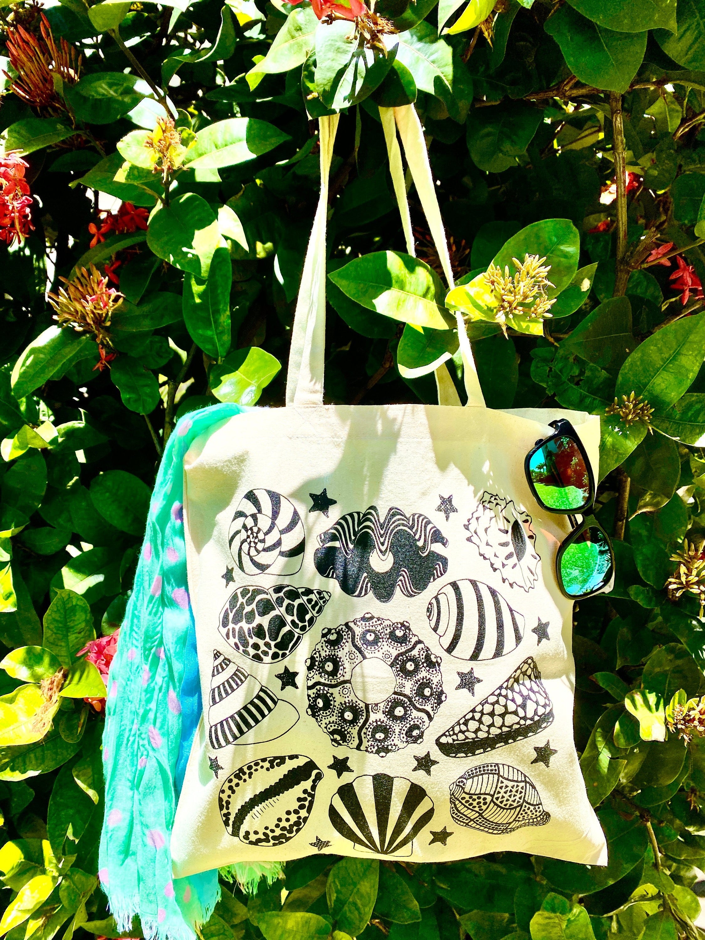 Sea Shell Screen Print Cotton Canvas Tote Bag Reusable Washable Lightweight