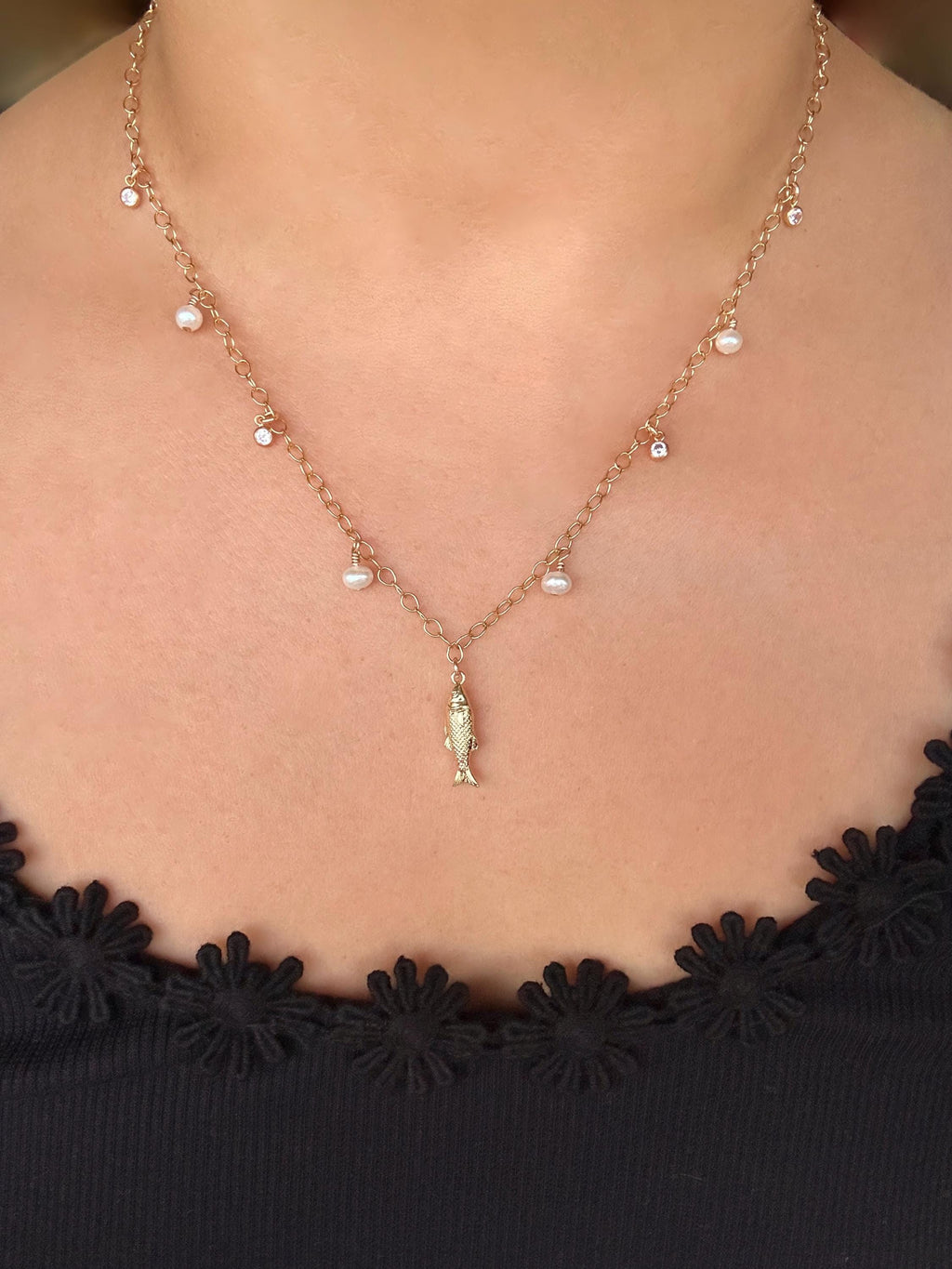 Fish Charm, Freshwater Pearl and Sparkling Cubic Zirconia Charm Necklace on 14K Gold Filled Chain