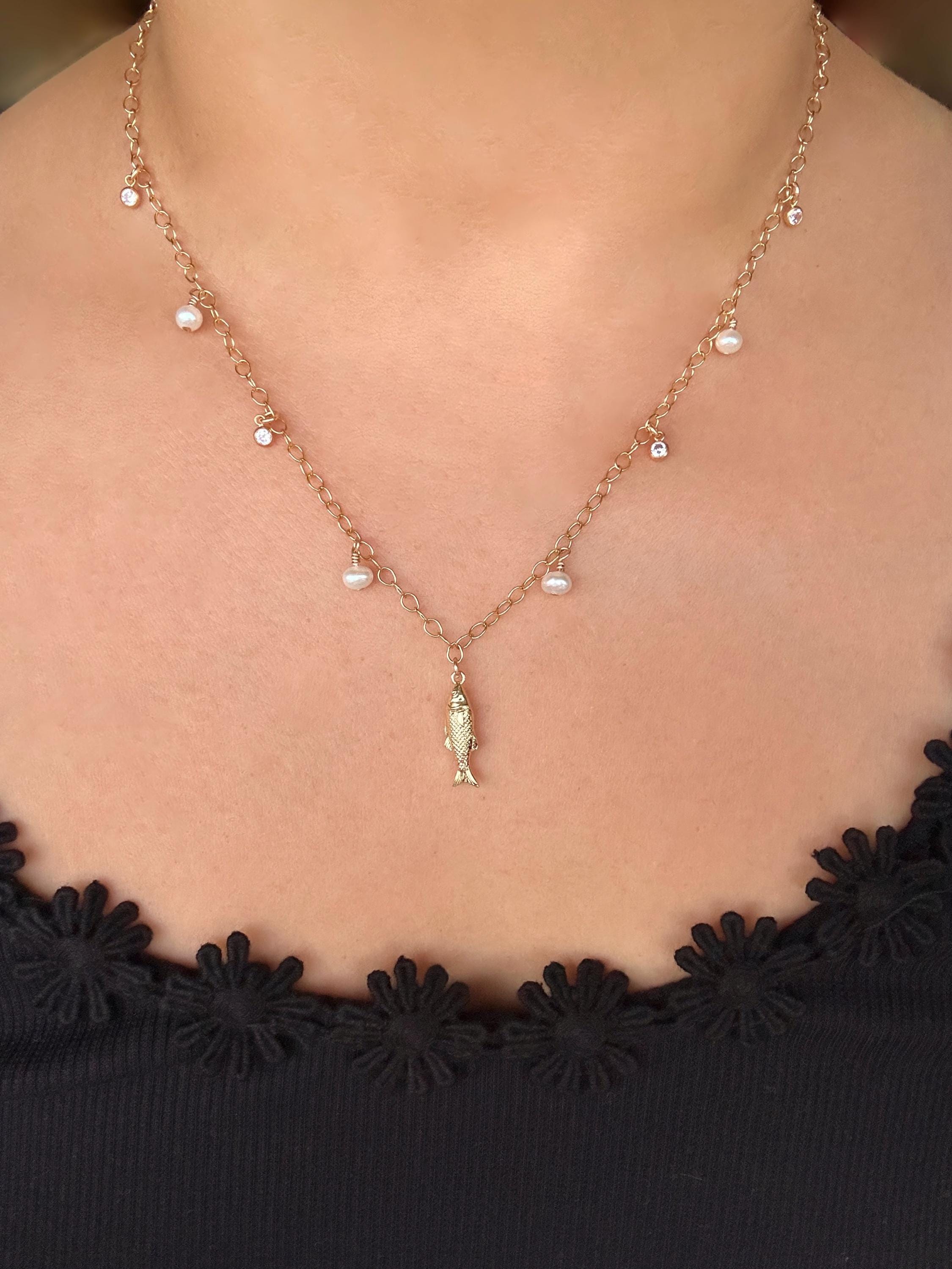 Fish Charm, Freshwater Pearl and Sparkling Cubic Zirconia Charm Necklace on 14K Gold Filled Chain