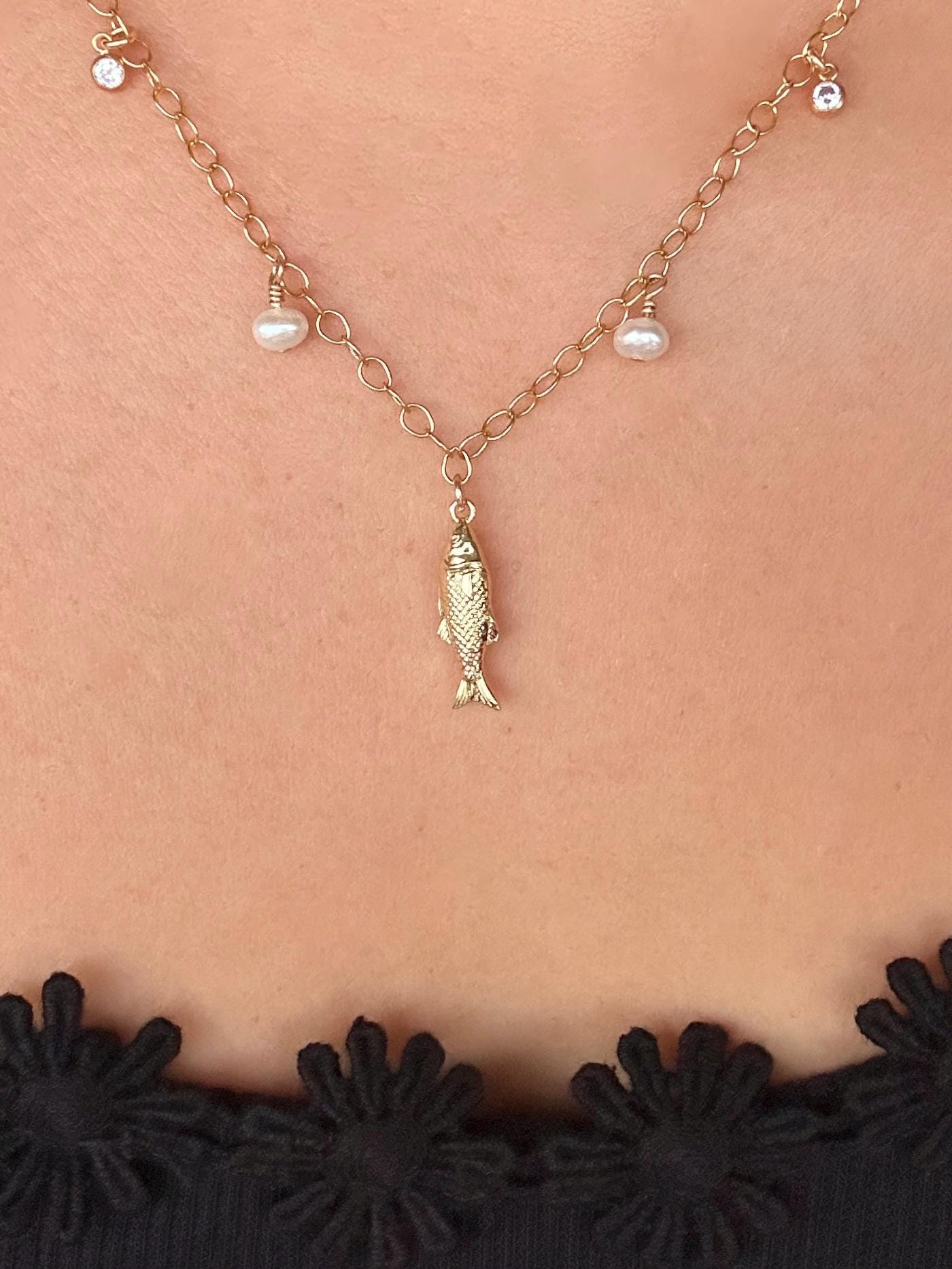 Fish Charm, Freshwater Pearl and Sparkling Cubic Zirconia Charm Necklace on 14K Gold Filled Chain