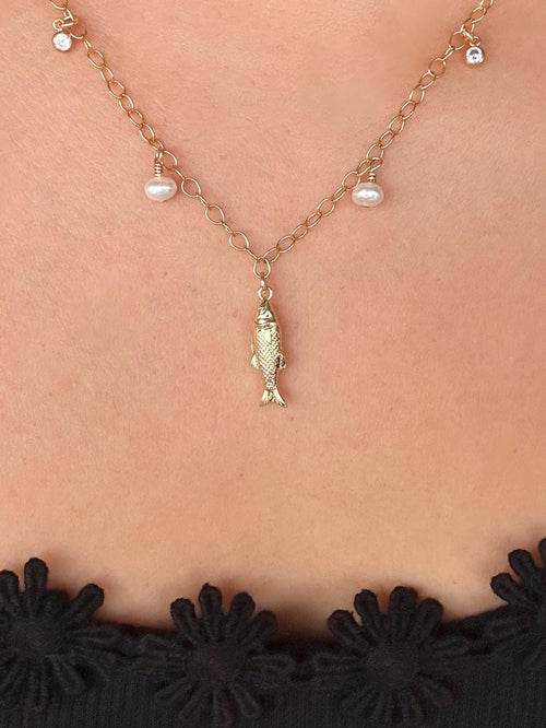Fish Charm, Freshwater Pearl and Sparkling Cubic Zirconia Charm Necklace on 14K Gold Filled Chain