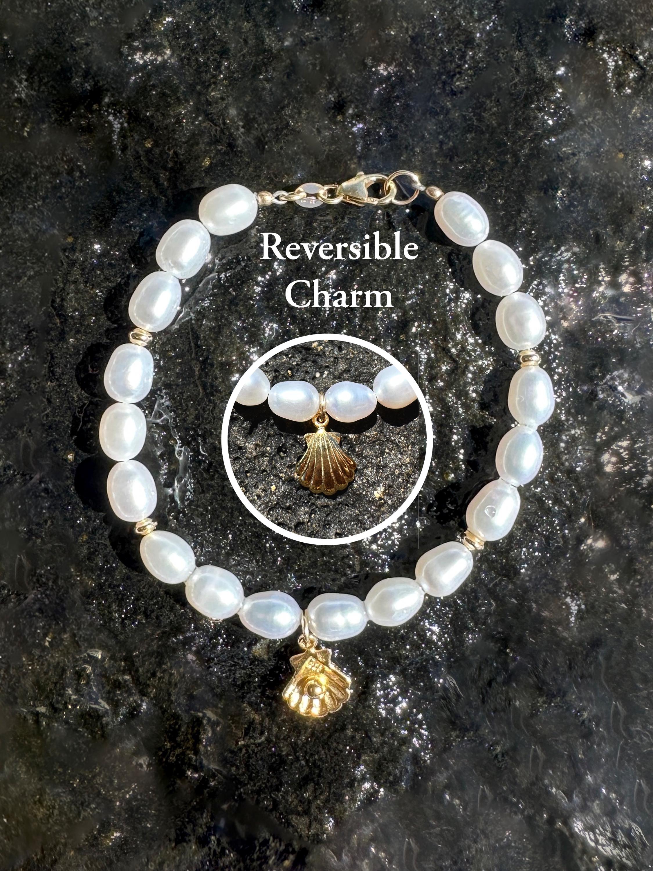 White Freshwater Pearl Bracelet with Reversible Clam and Pearl Charm