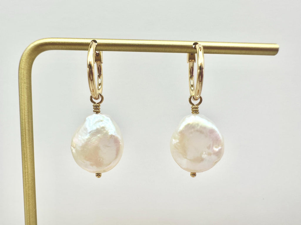 Iridescent White Freshwater Coin Pearl 18K Gold Filled Hoop Earrings