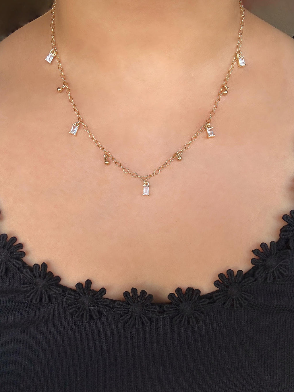 Sparkling Cubic Zirconia Baguette and Ball Drop Charm Necklace on 14K Gold Filled Chain