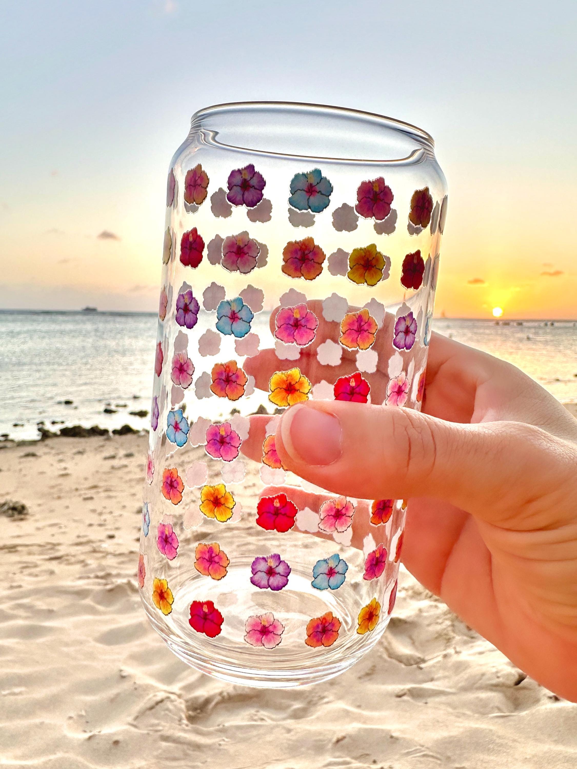 Hibiscus Pattern Glass Can Shaped Drinking Tumbler (16 oz Cup)