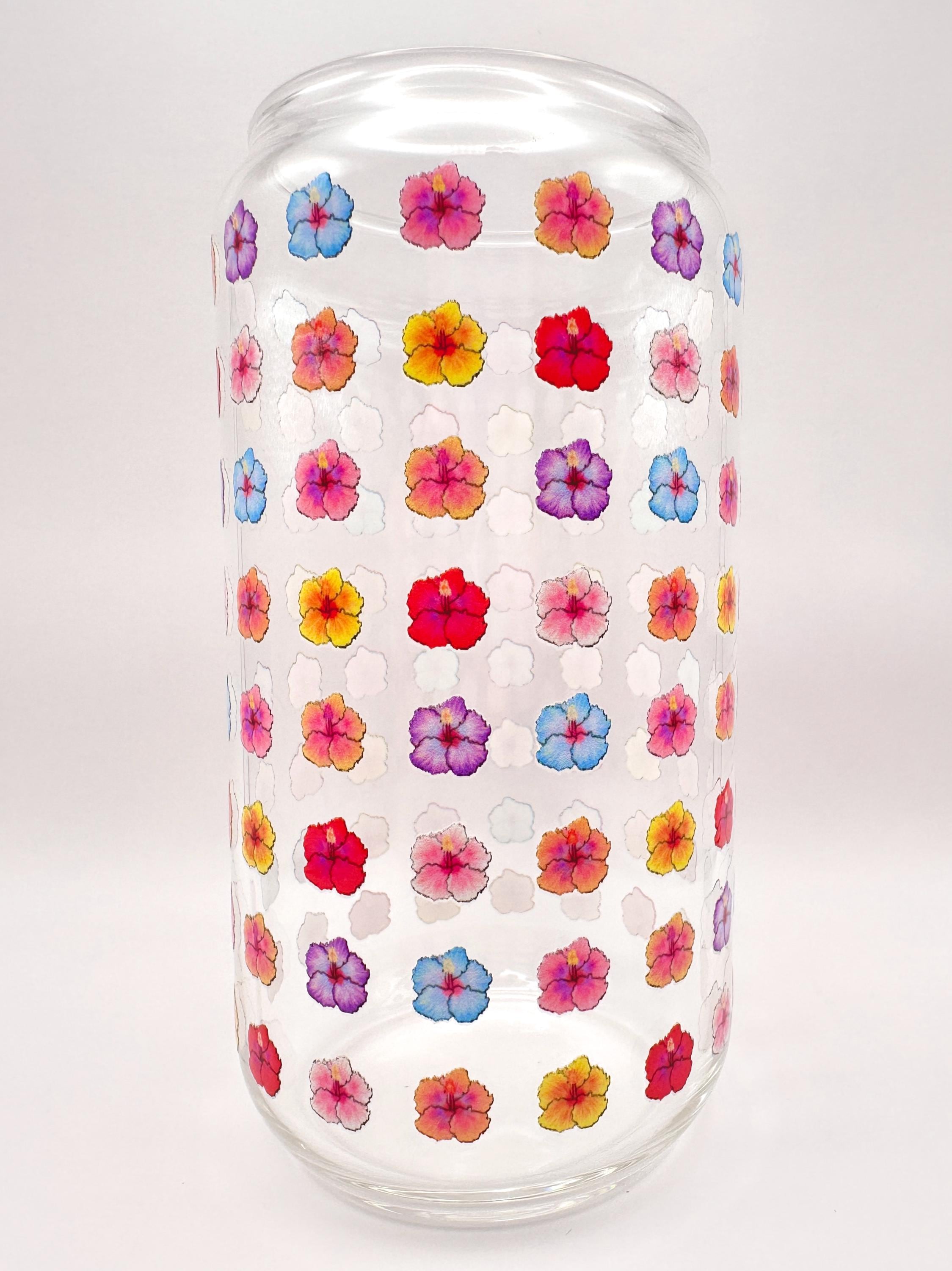 Hibiscus Pattern Glass Can Shaped Drinking Tumbler (16 oz Cup)