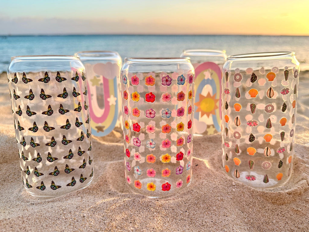 Seashell Pattern Glass Can Shaped Drinking Tumbler (16 oz Cup)