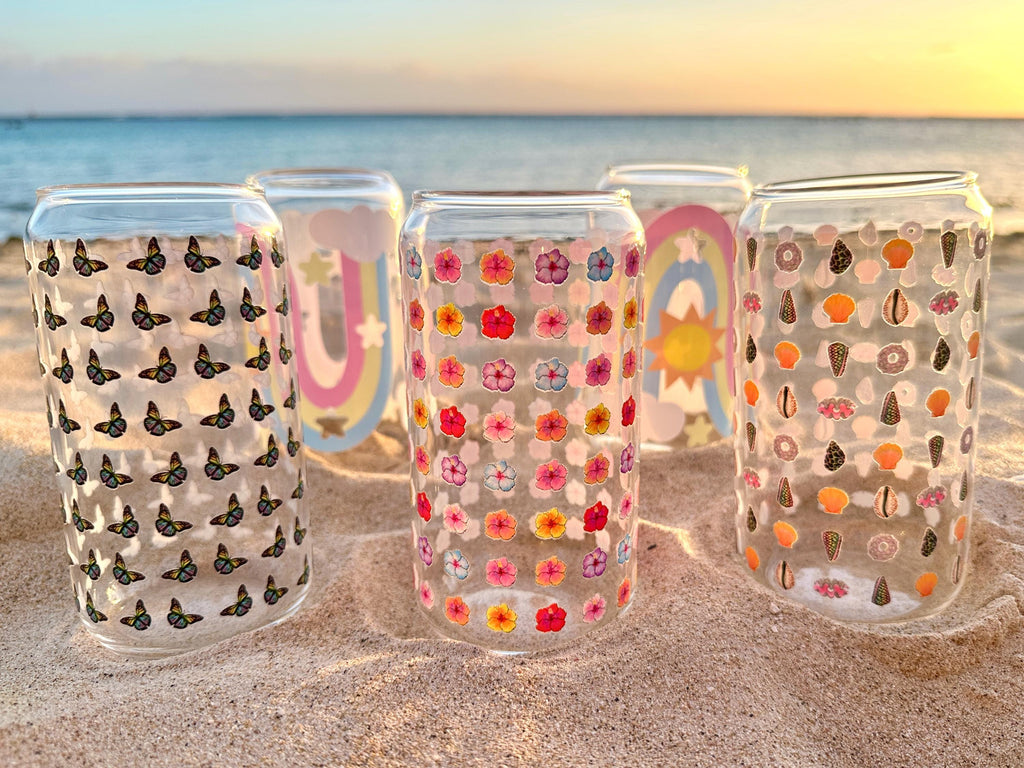 Hibiscus Pattern Glass Can Shaped Drinking Tumbler (16 oz Cup)