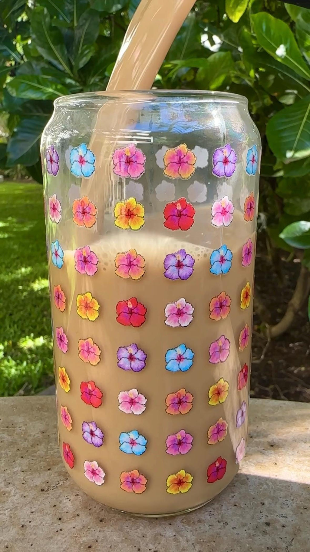 Hibiscus Pattern Glass Can Shaped Drinking Tumbler (16 oz Cup)