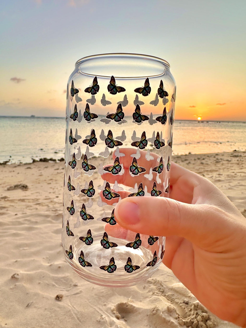 Butterfly Pattern Glass Can Shaped Drinking Tumbler (16 oz Cup)