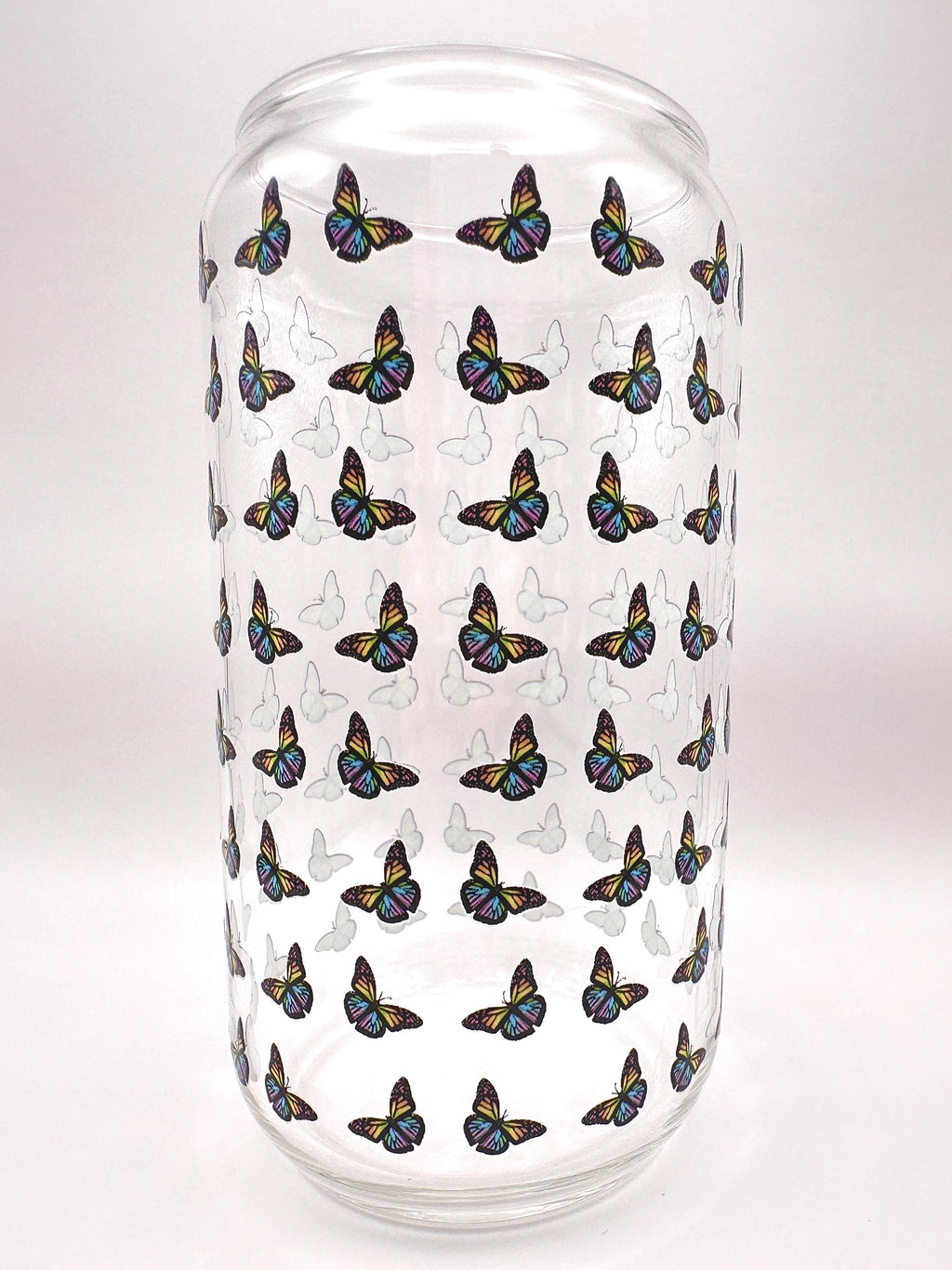 Butterfly Pattern Glass Can Shaped Drinking Tumbler (16 oz Cup)