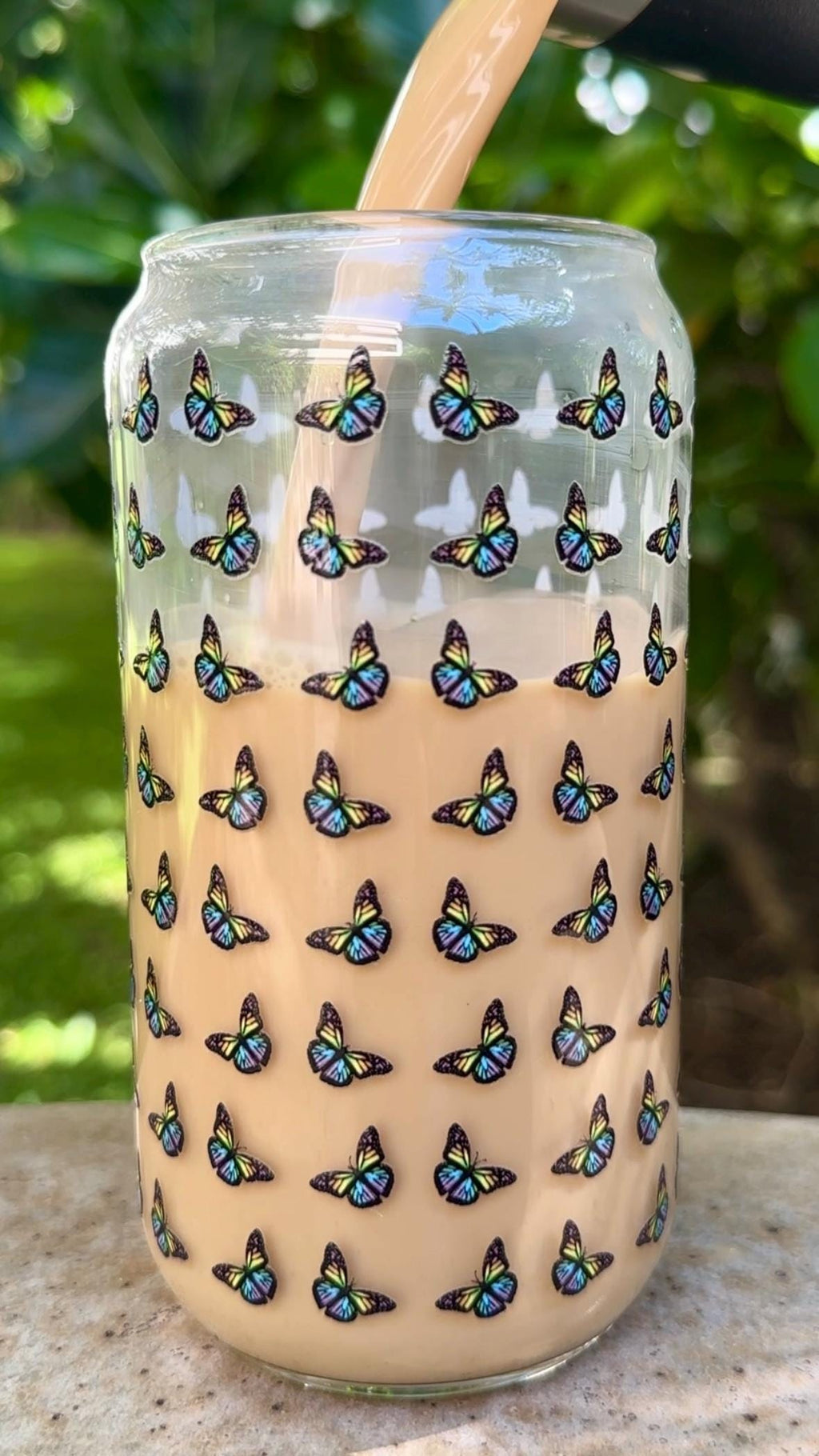 Butterfly Pattern Glass Can Shaped Drinking Tumbler (16 oz Cup)