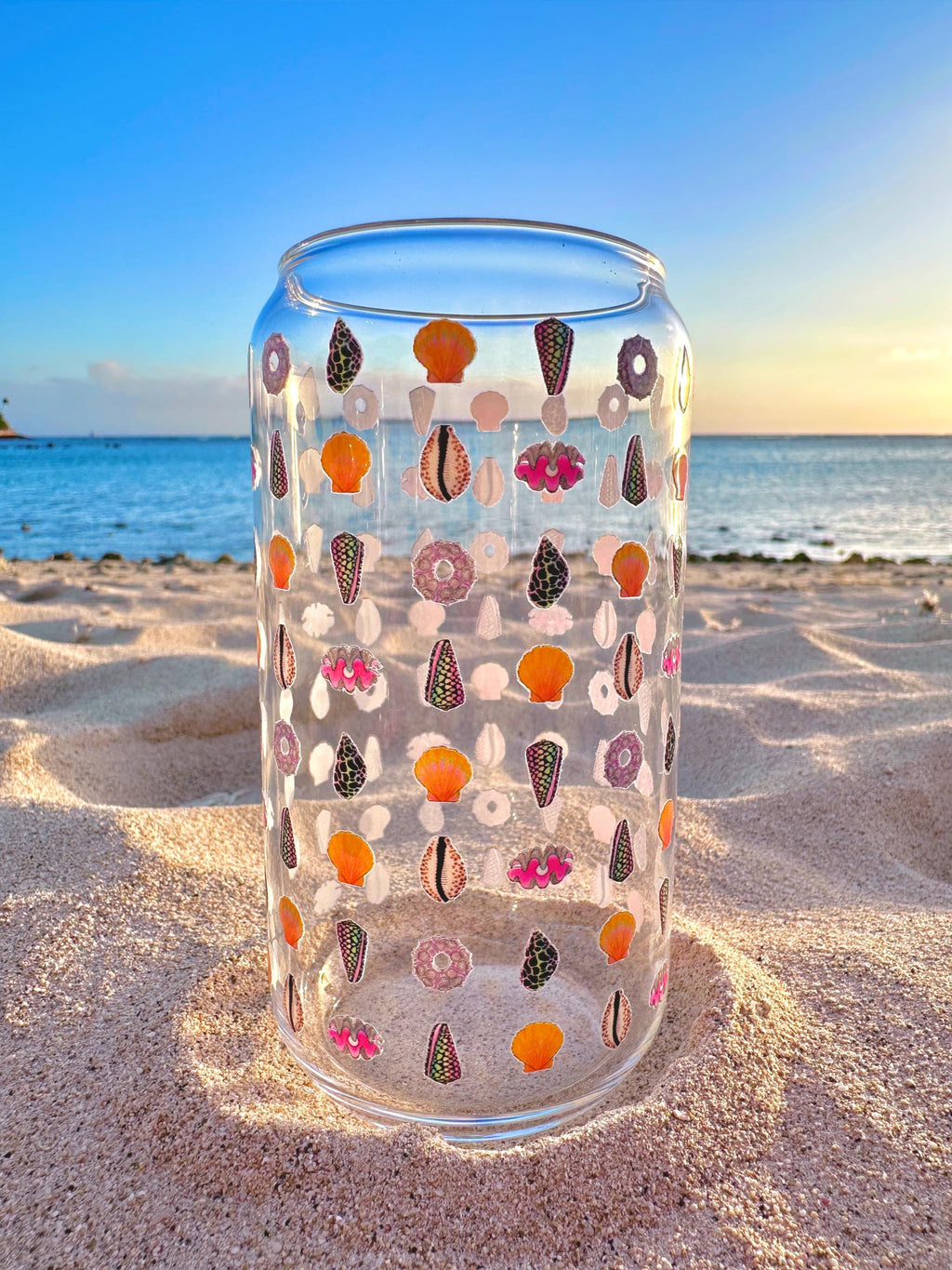 Seashell Pattern Glass Can Shaped Drinking Tumbler (16 oz Cup)