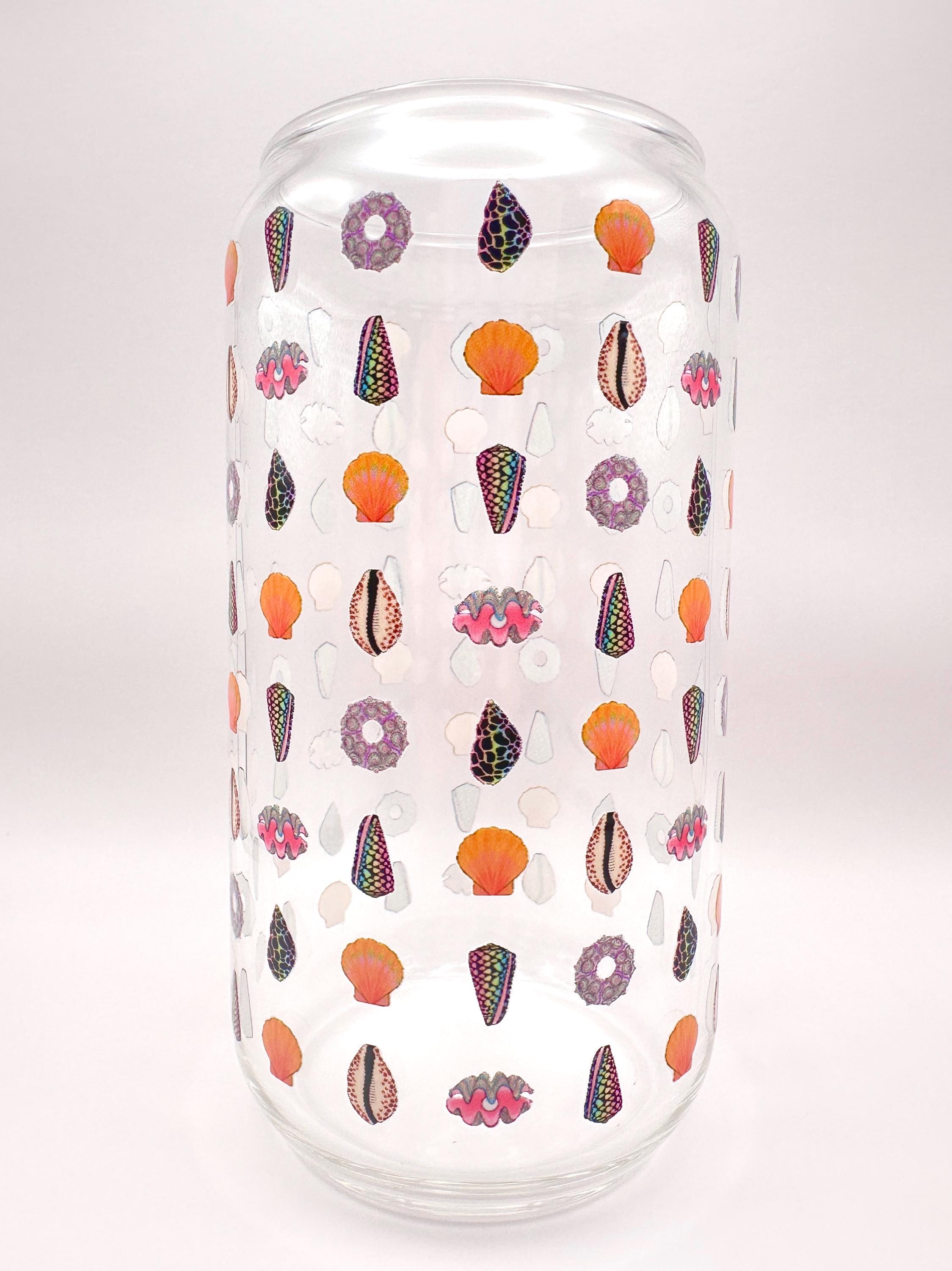 Seashell Pattern Glass Can Shaped Drinking Tumbler (16 oz Cup)