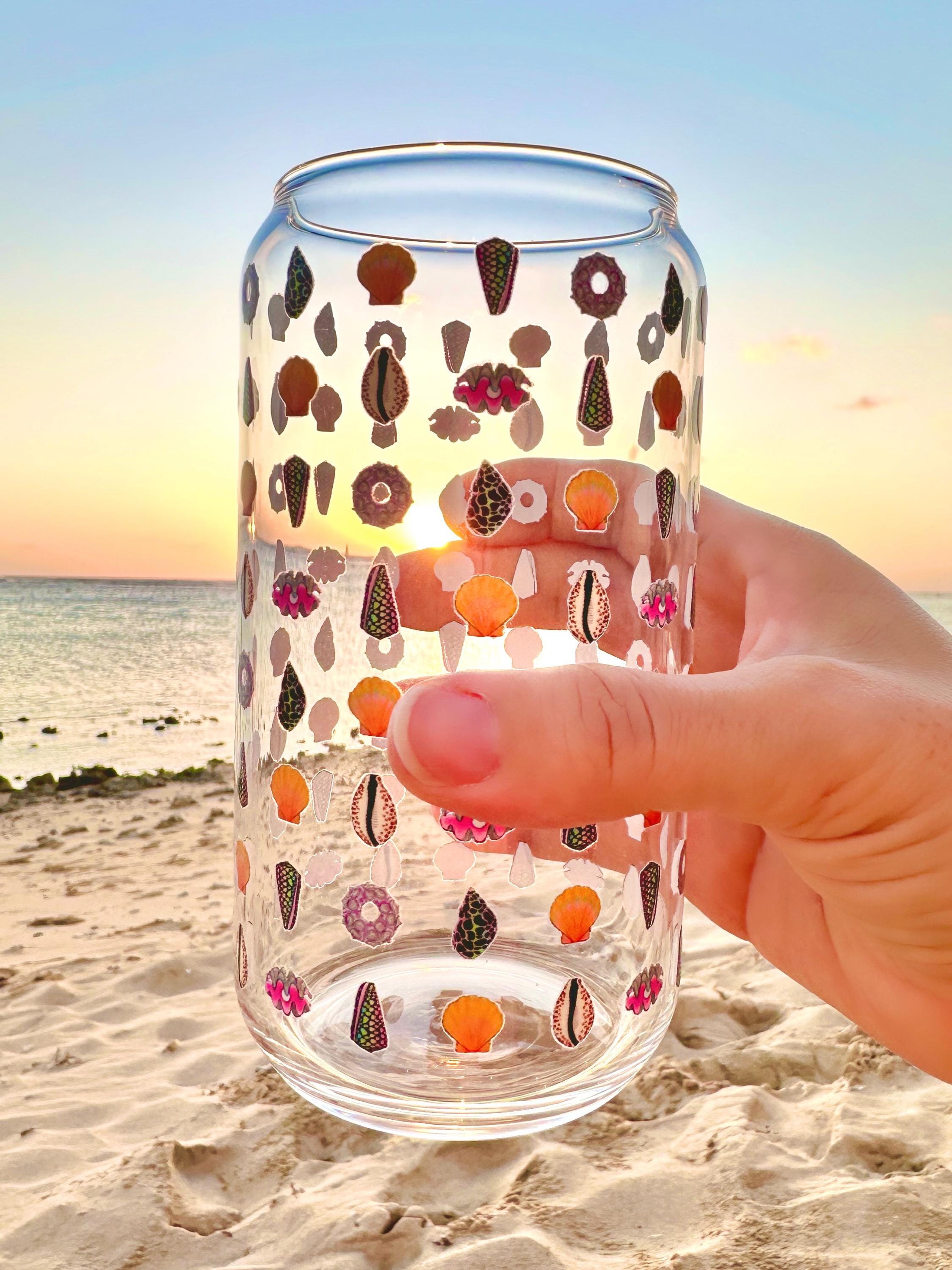 Seashell Pattern Glass Can Shaped Drinking Tumbler (16 oz Cup)