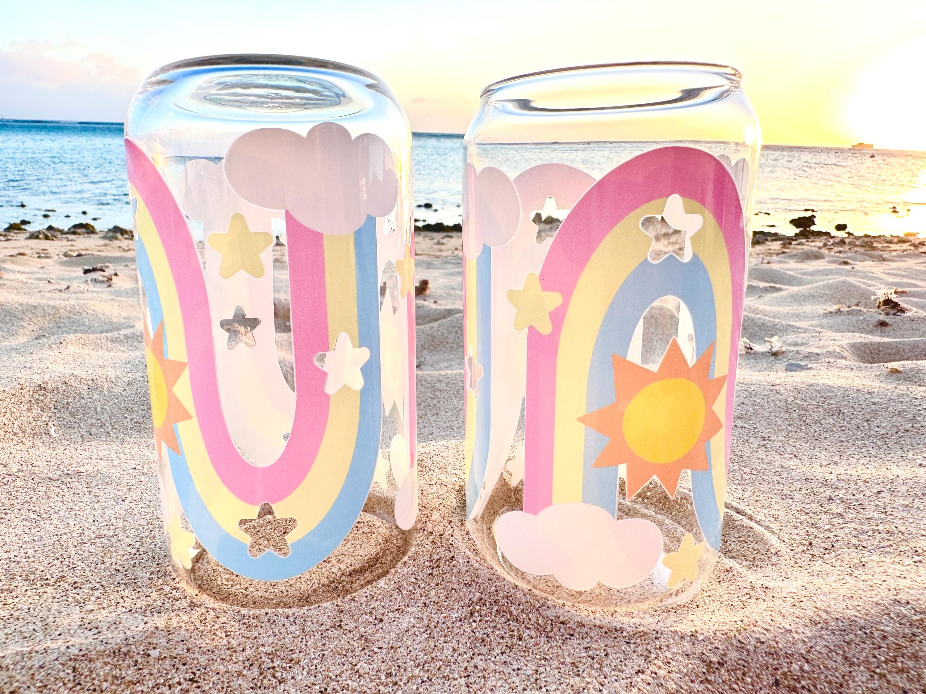 Rainbow and Star Glass Can Shaped Drinking Tumbler (16 oz Cup)