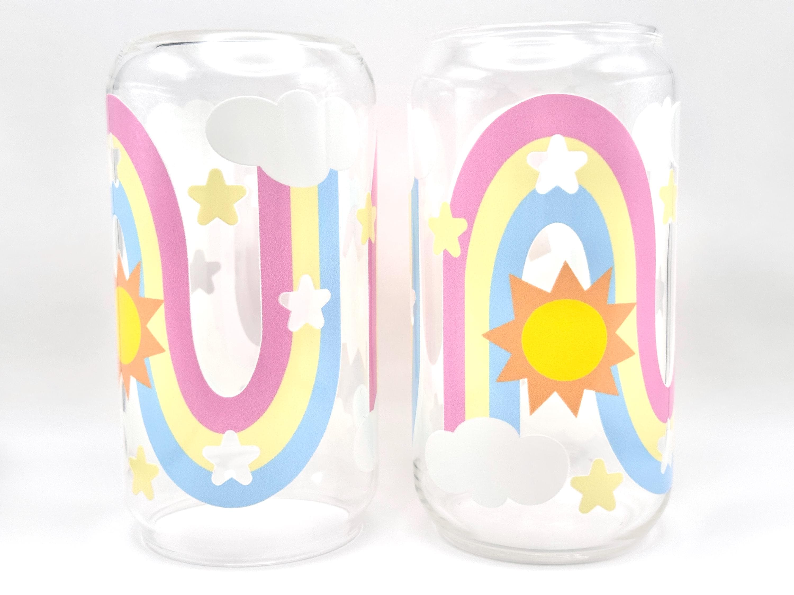 Rainbow and Star Glass Can Shaped Drinking Tumbler (16 oz Cup)