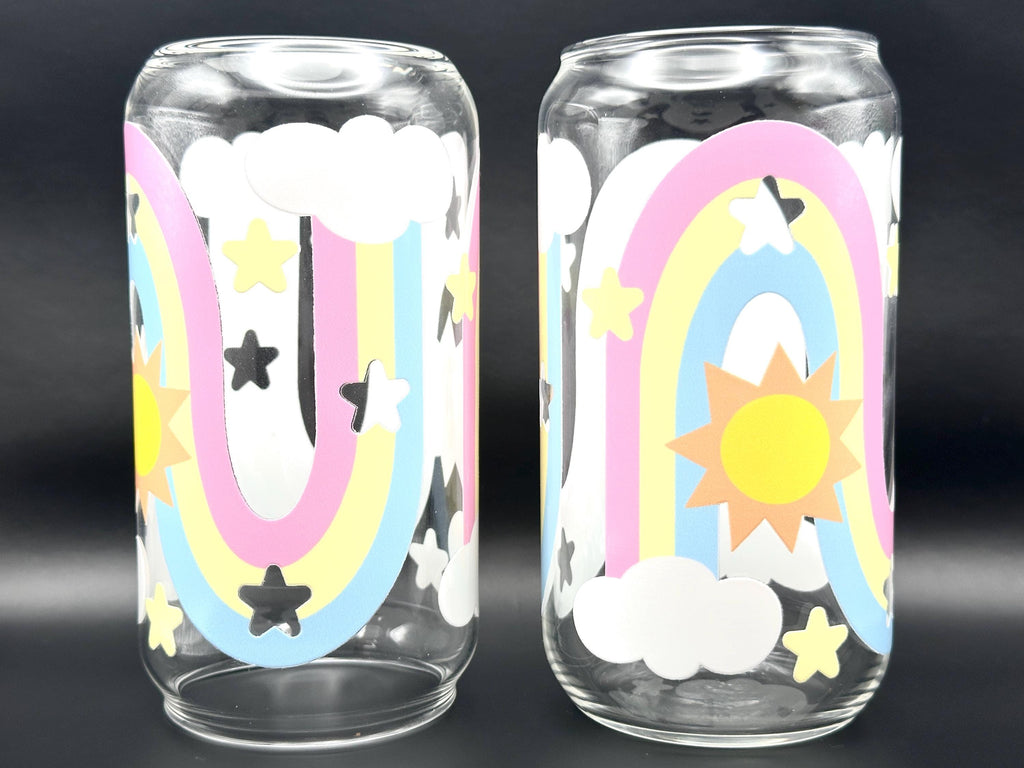 Rainbow and Star Glass Can Shaped Drinking Tumbler (16 oz Cup)